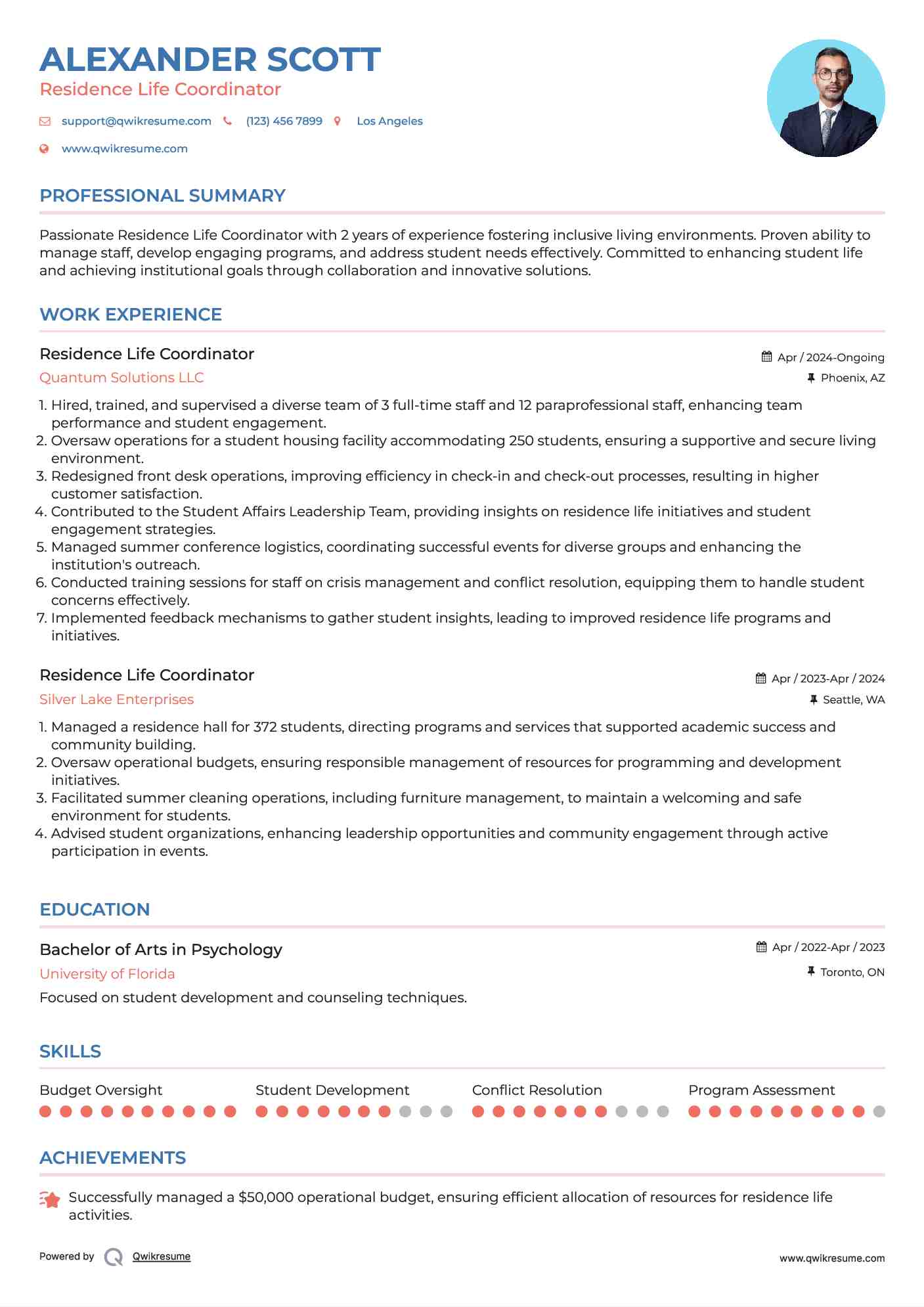 Residence Life Coordinator Resume Template