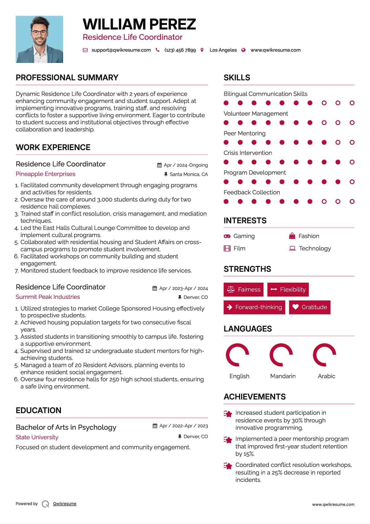 Residence Life Coordinator Resume Example