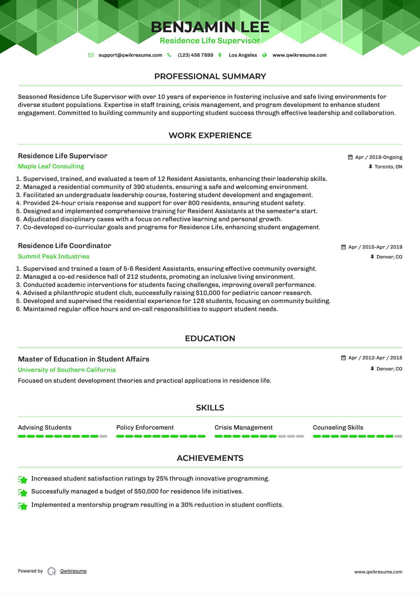 Residence Life Supervisor Resume Sample
