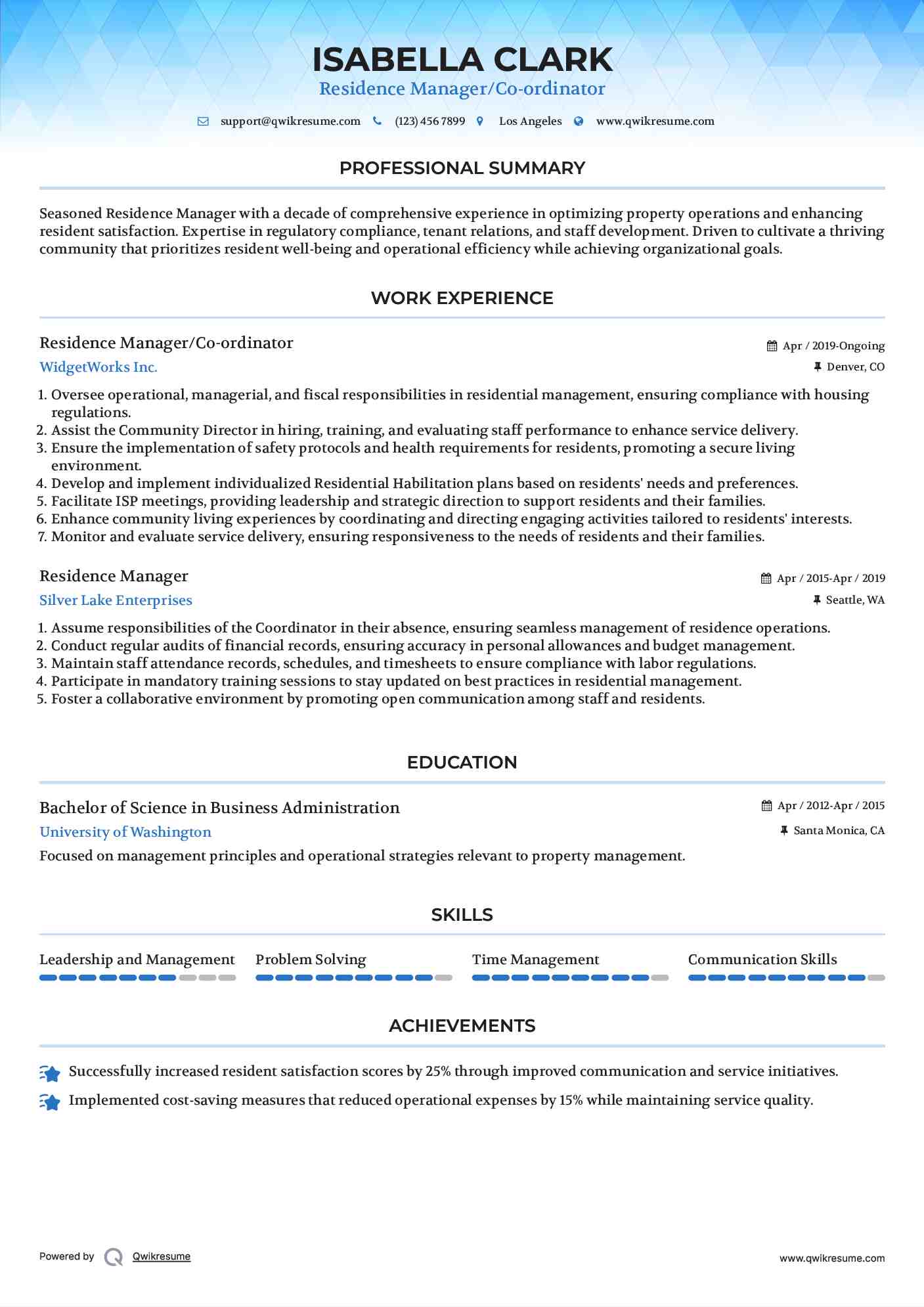 Residence Manager/Co-ordinator Resume Template