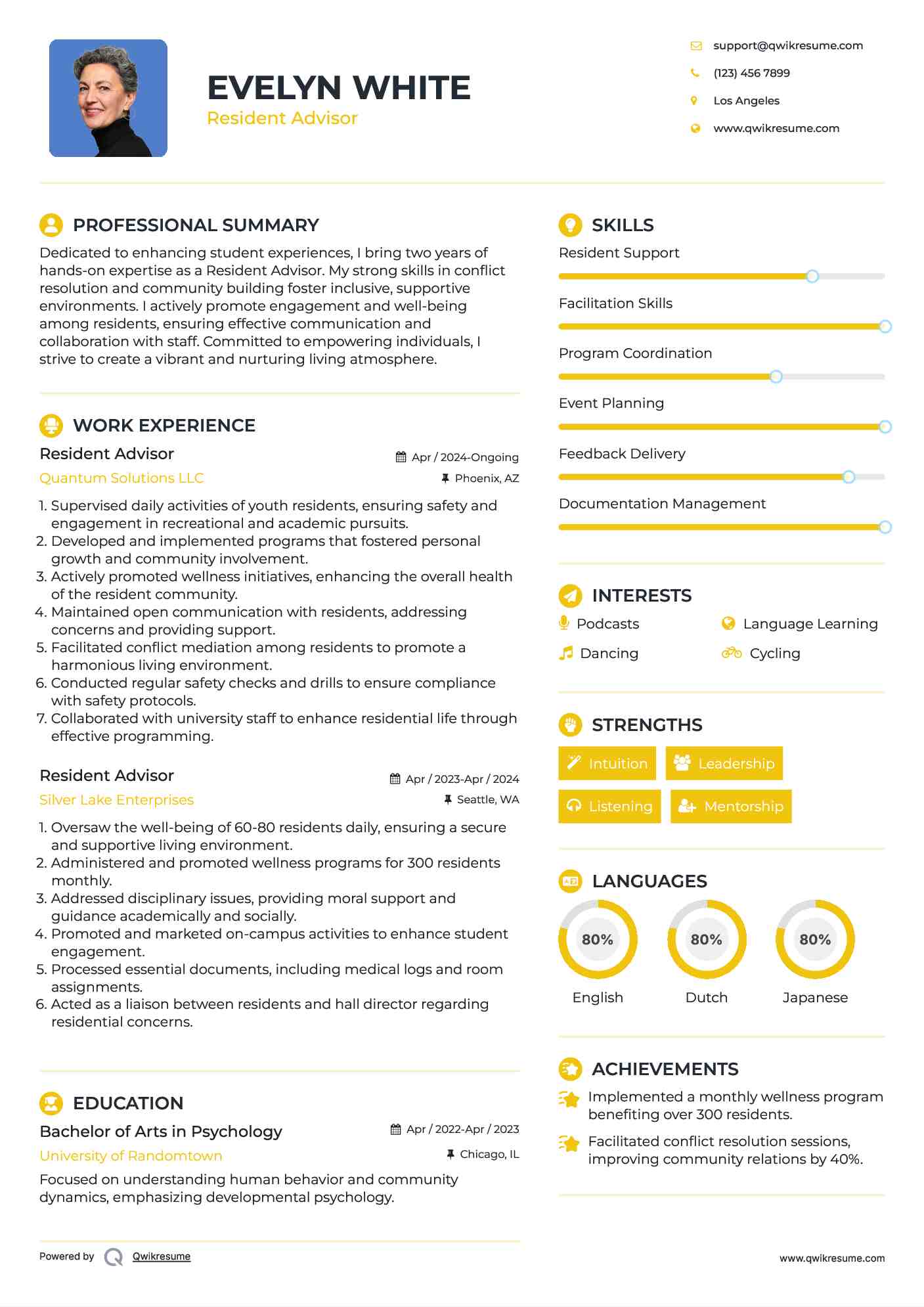 Resident Advisor Resume Example