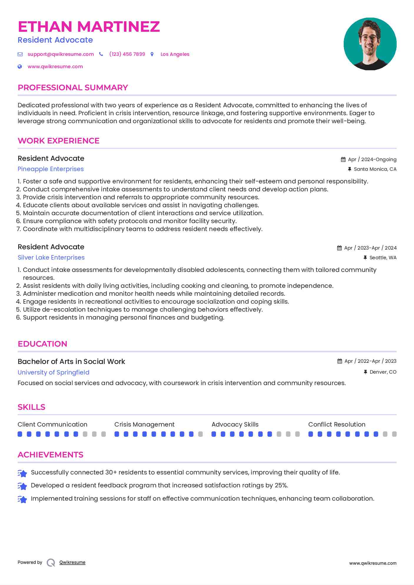 Resident Advocate Resume Example