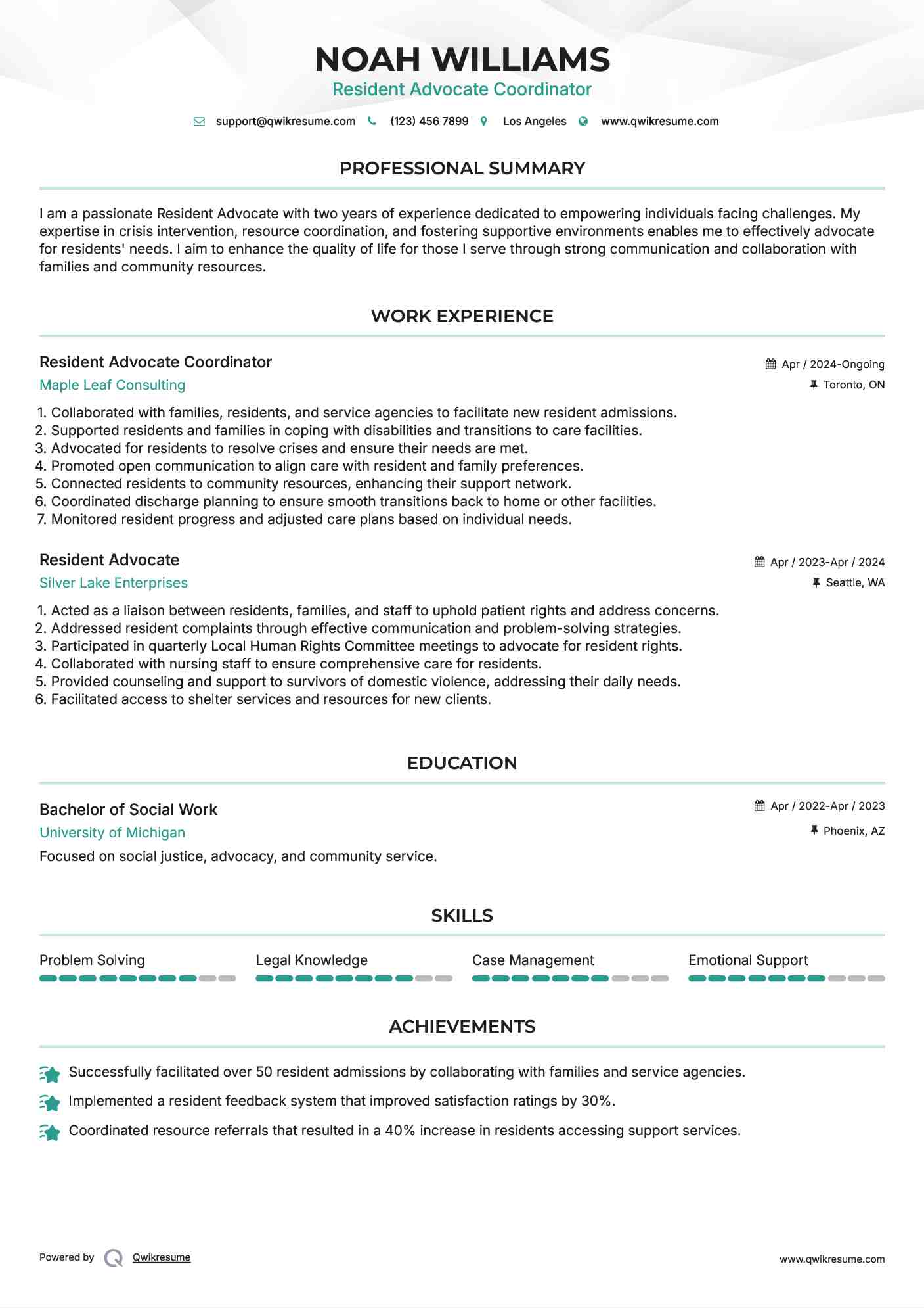 Resident Advocate Coordinator Resume Model