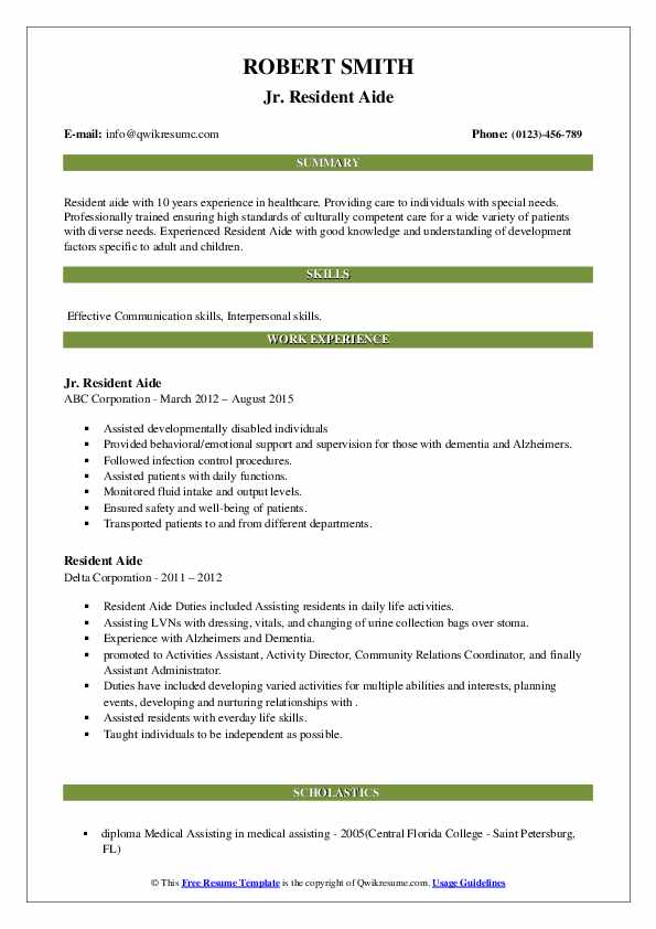 Resident Aide Resume Samples | QwikResume