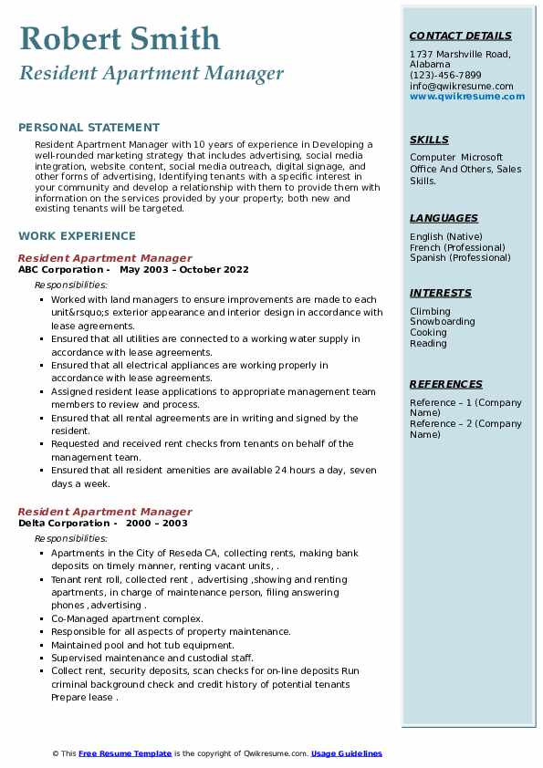 Resident Apartment Manager Resume Samples QwikResume