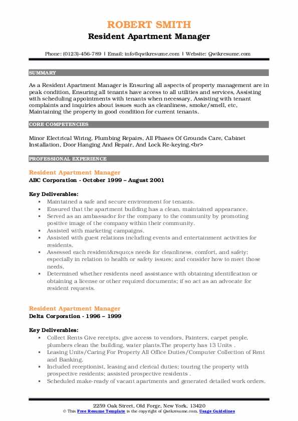 Resident Apartment Manager Resume Samples QwikResume
