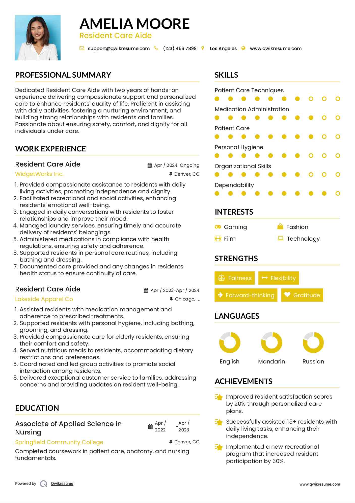 Resident Care Aide Resume Template