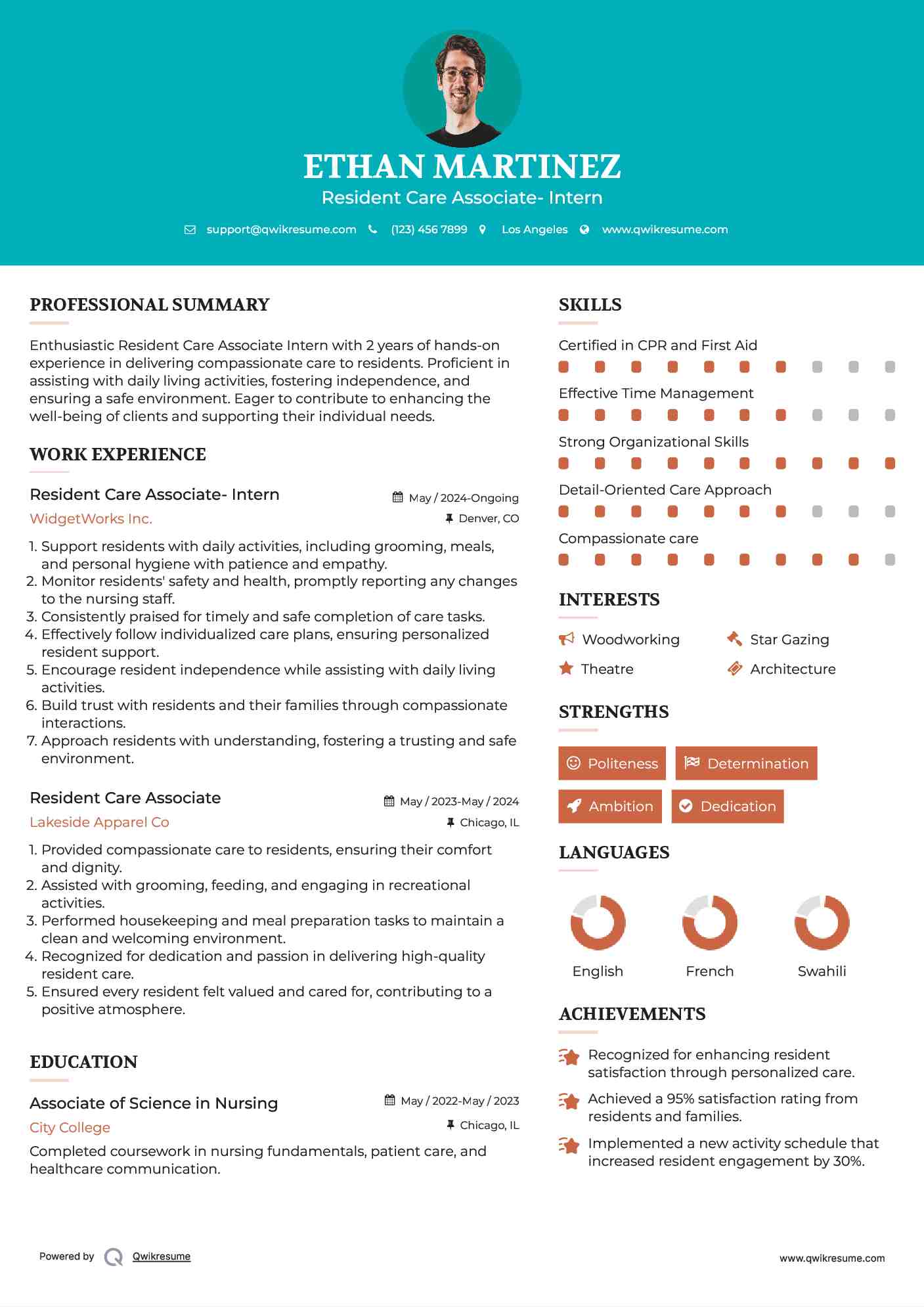 Resident Care Associate- Intern Resume Model