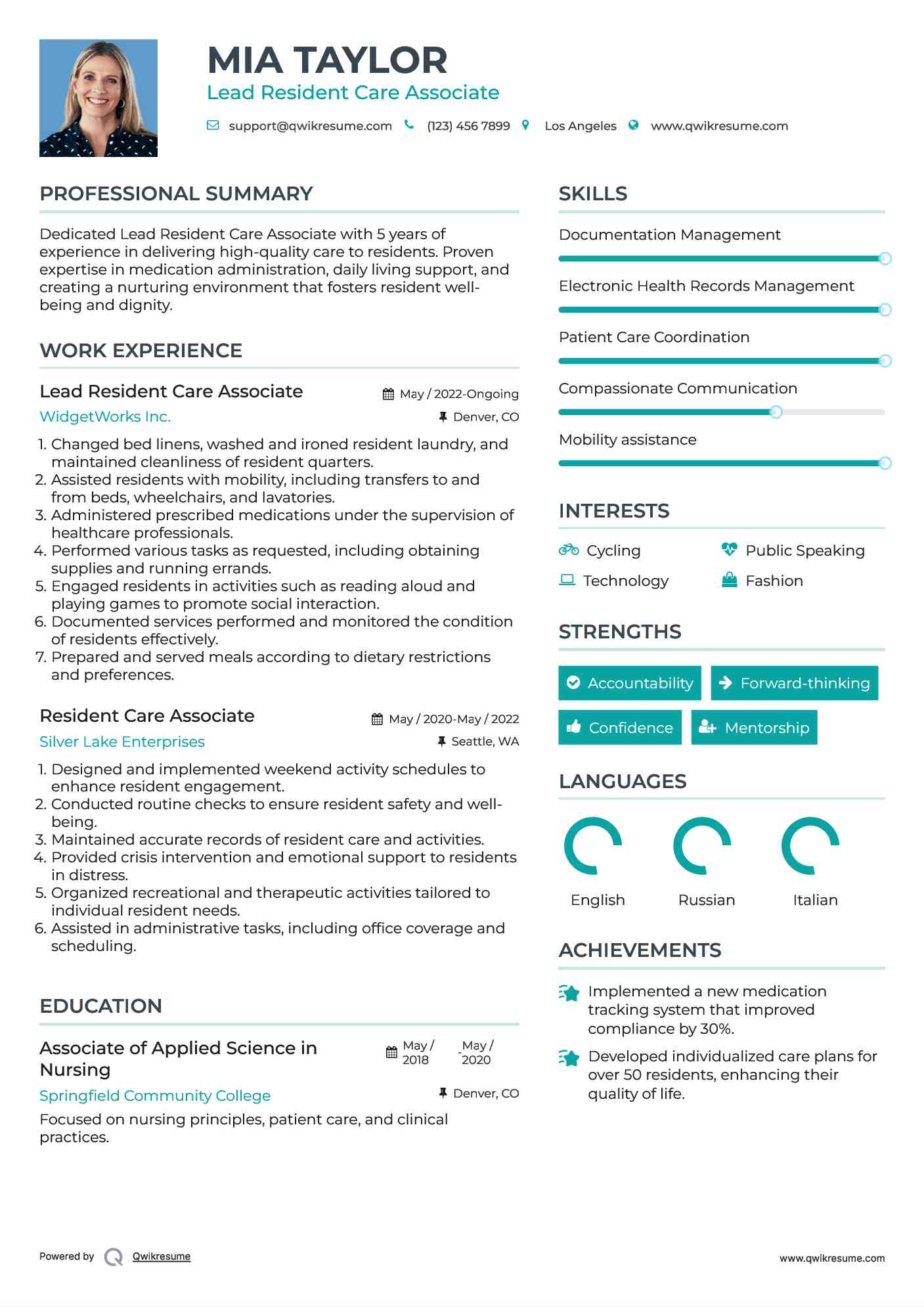 Lead Resident Care Associate Resume Template