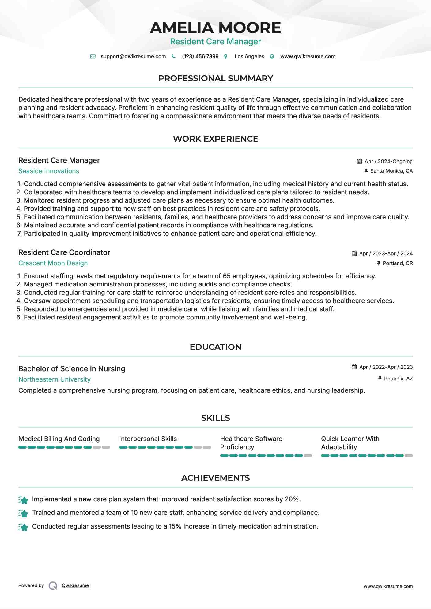 Resident Care Manager Resume Template