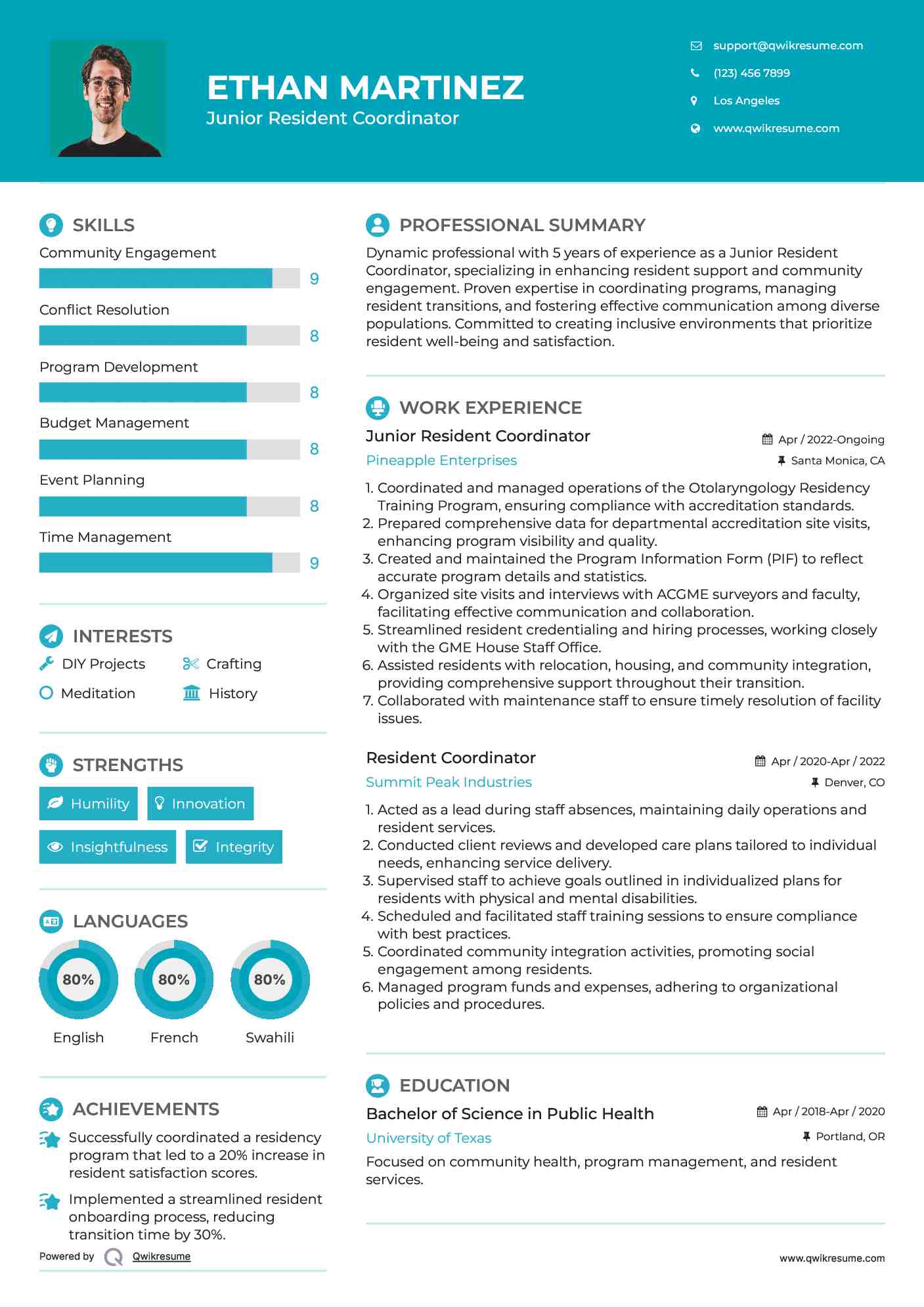 Junior Resident Coordinator Resume Sample