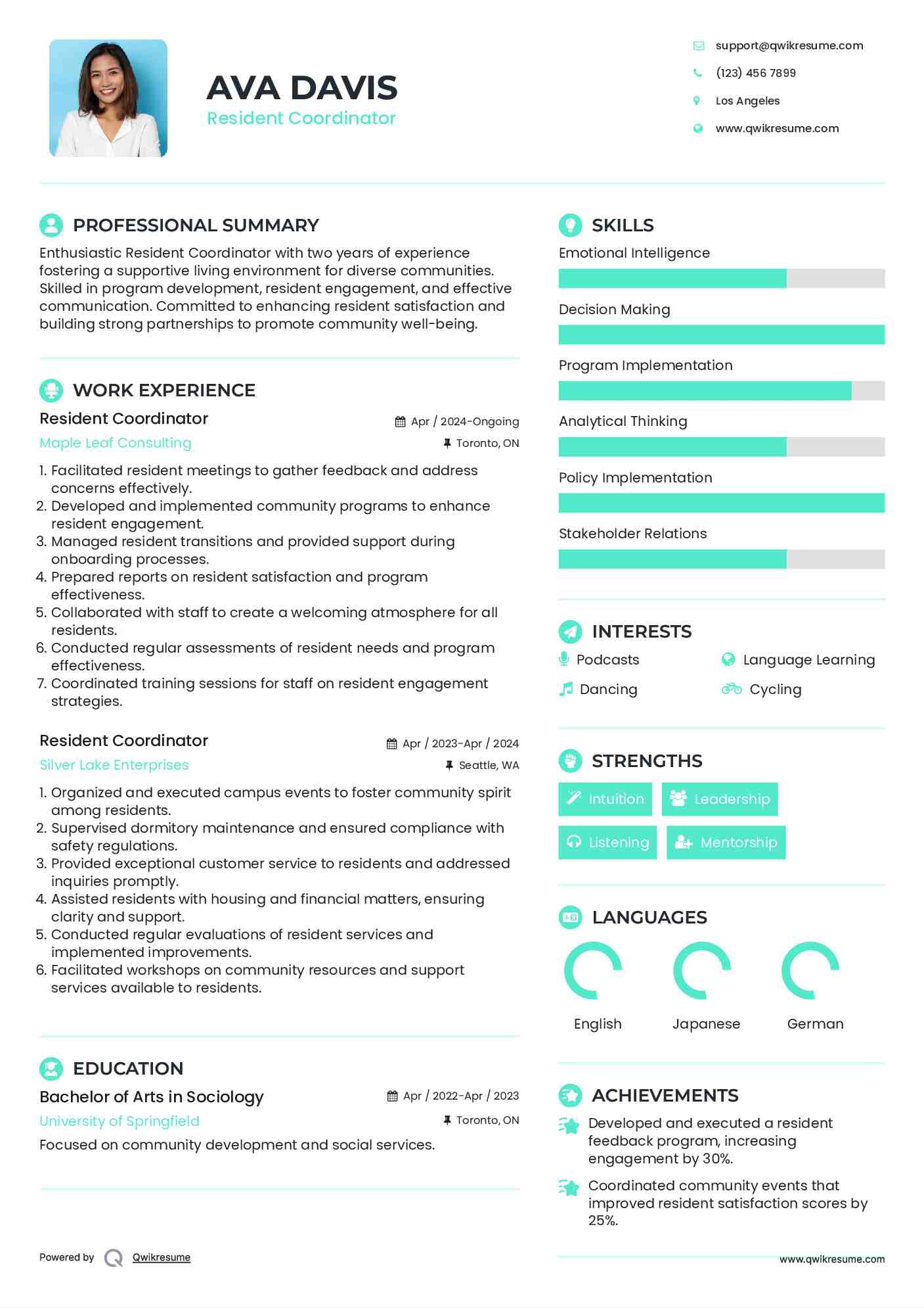 Resident Coordinator Resume Template
