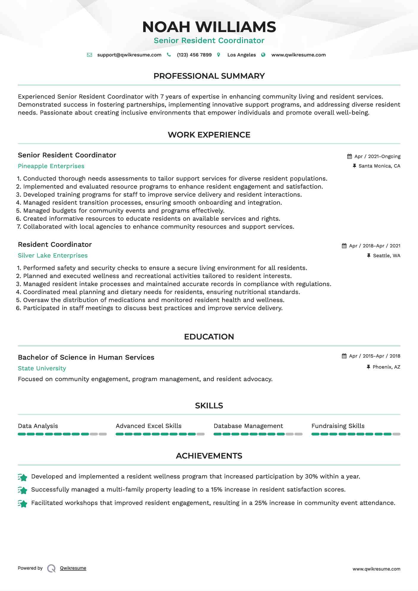 Senior Resident Coordinator Resume Template