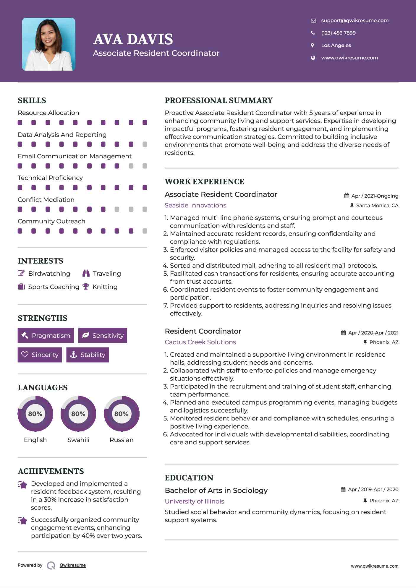 Associate Resident Coordinator Resume Format