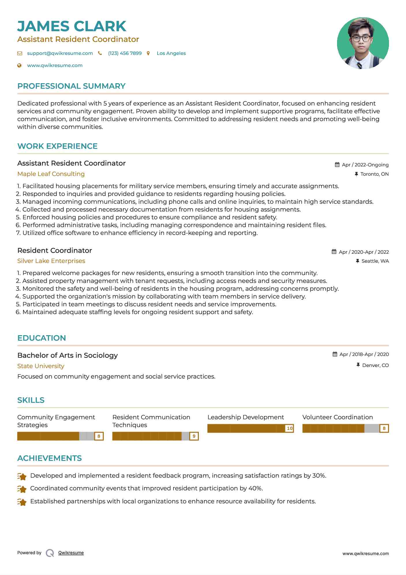 Assistant Resident Coordinator Resume Model