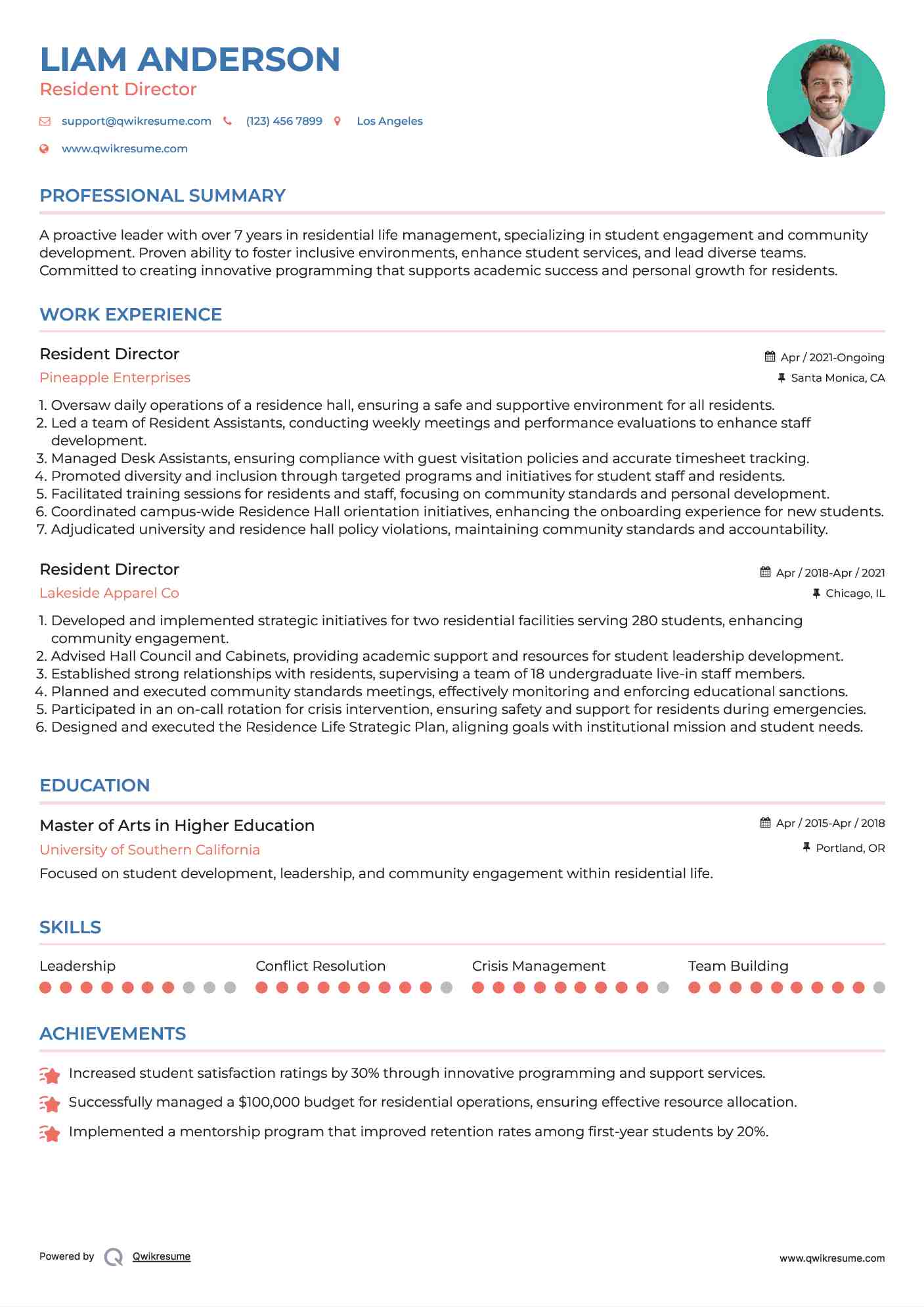 Resident Director Resume Model