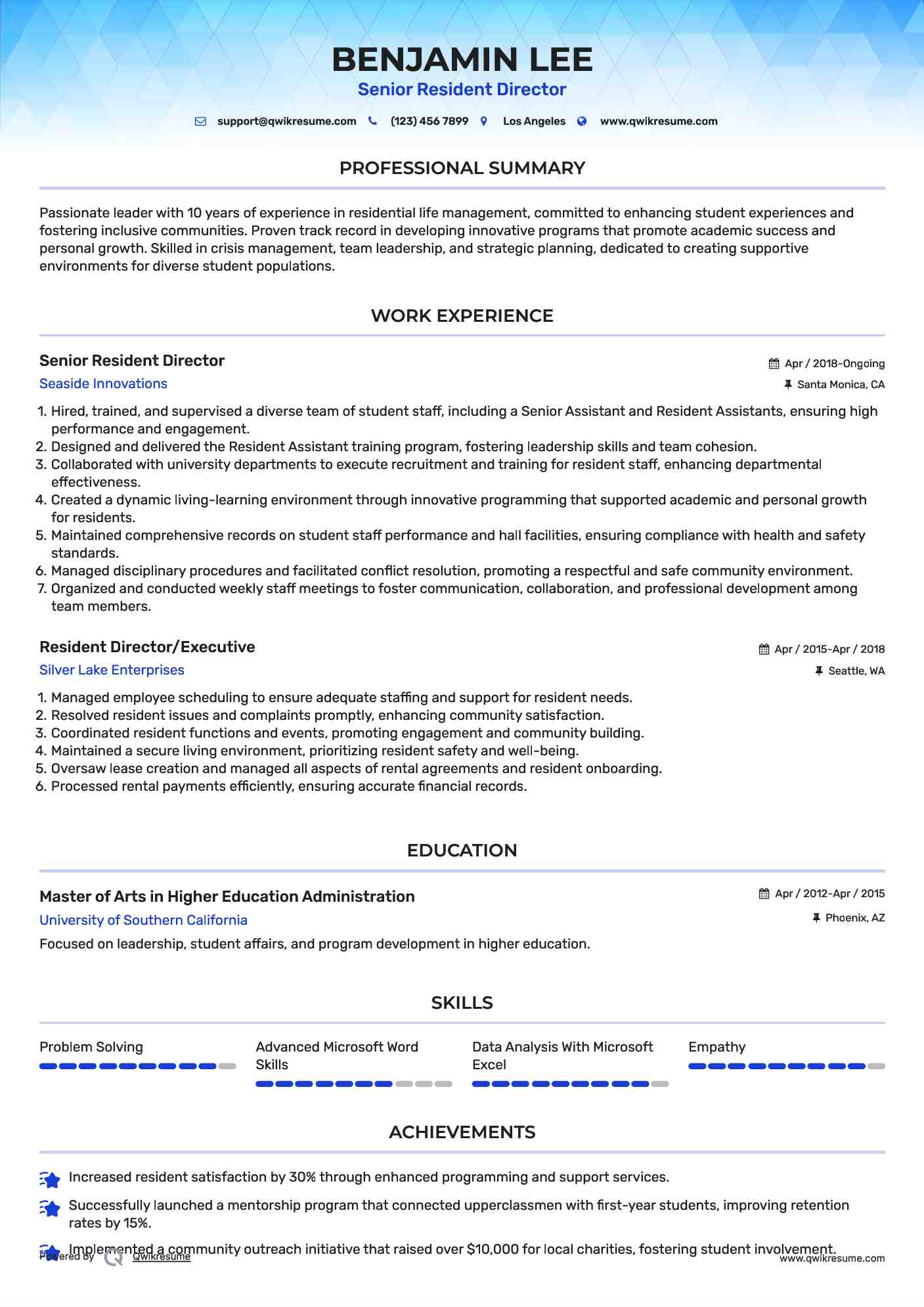 Senior Resident Director Resume Format