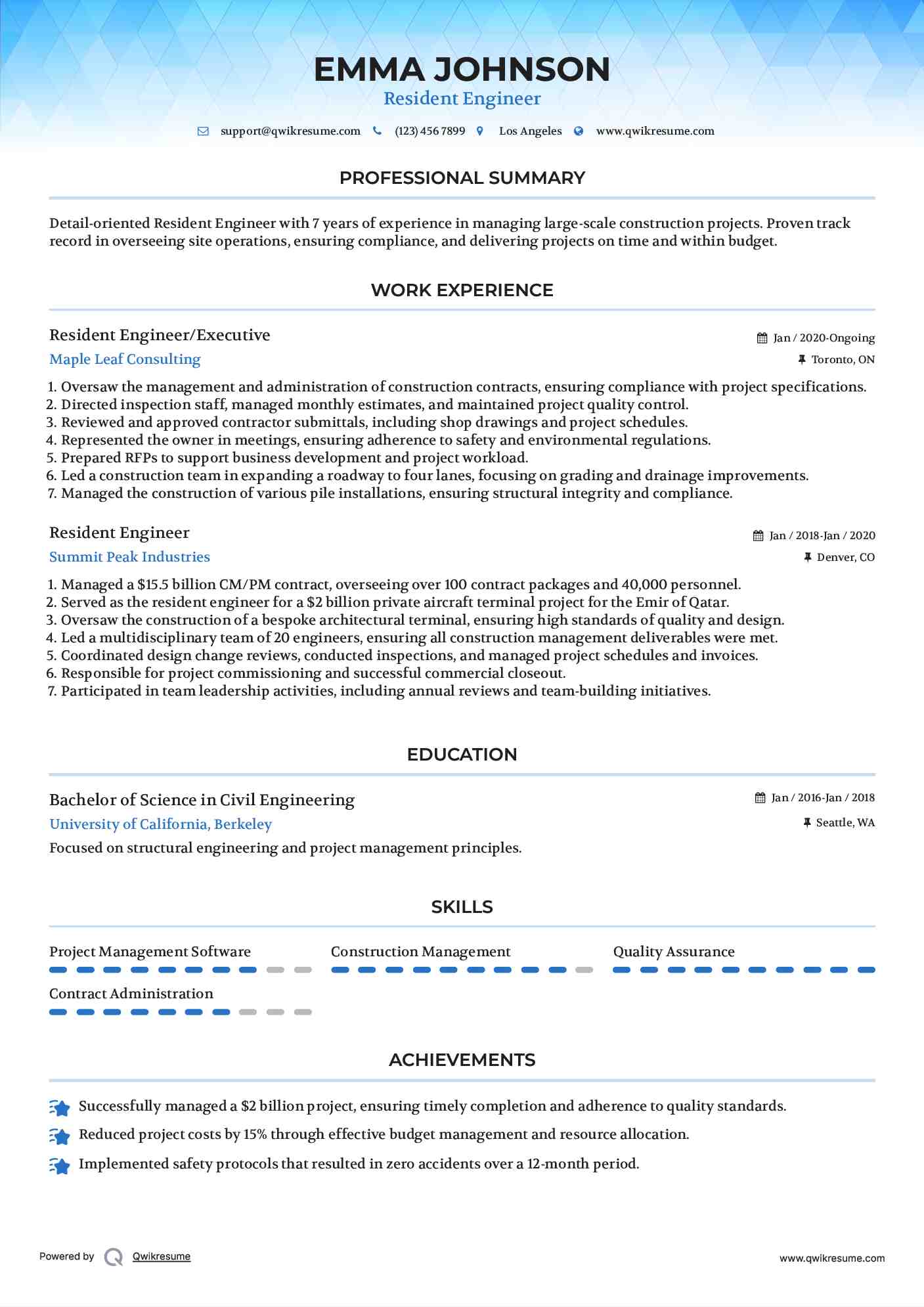Resident Engineer/Executive Resume Sample