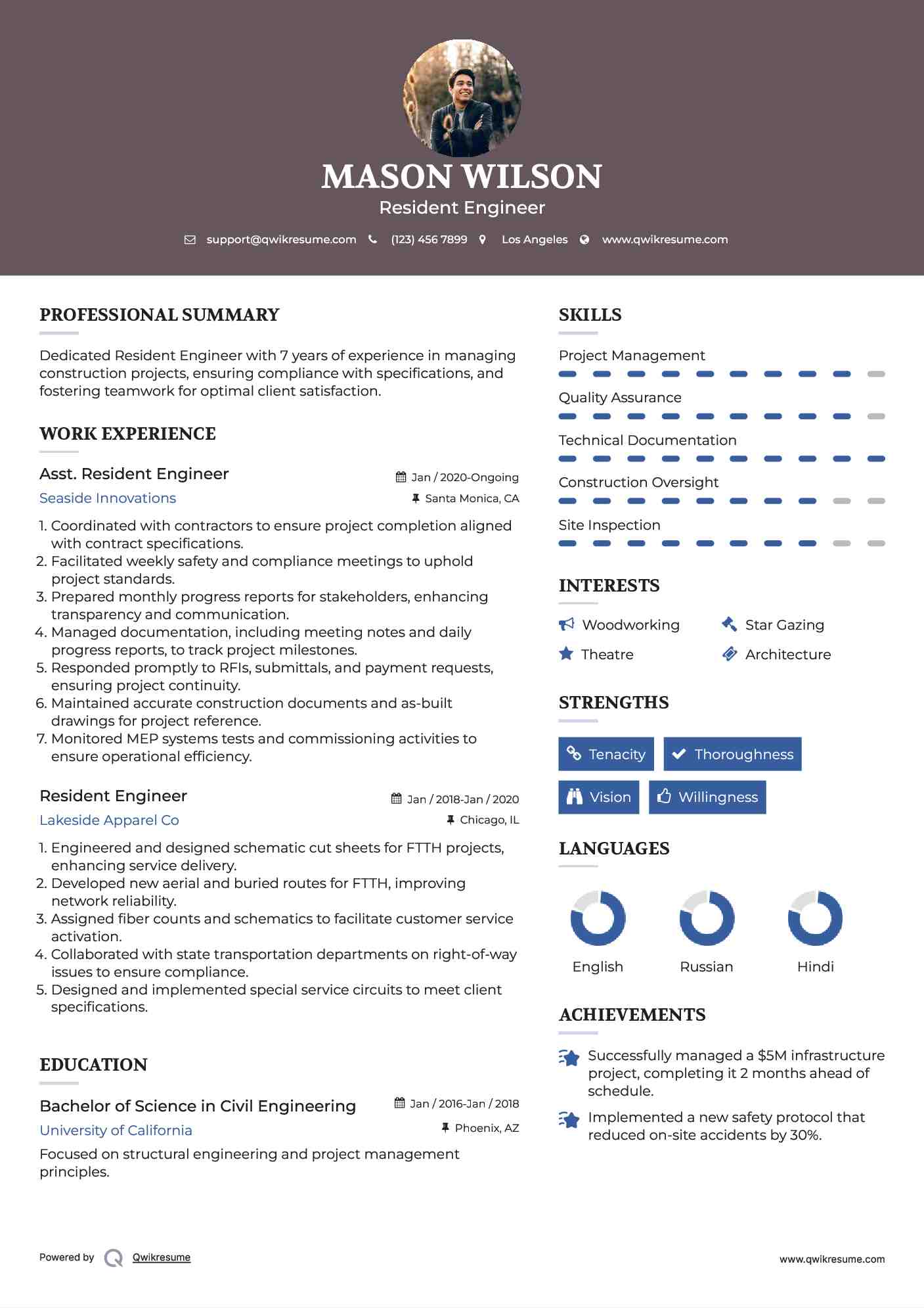 Resident Engineer Resume Samples QwikResume