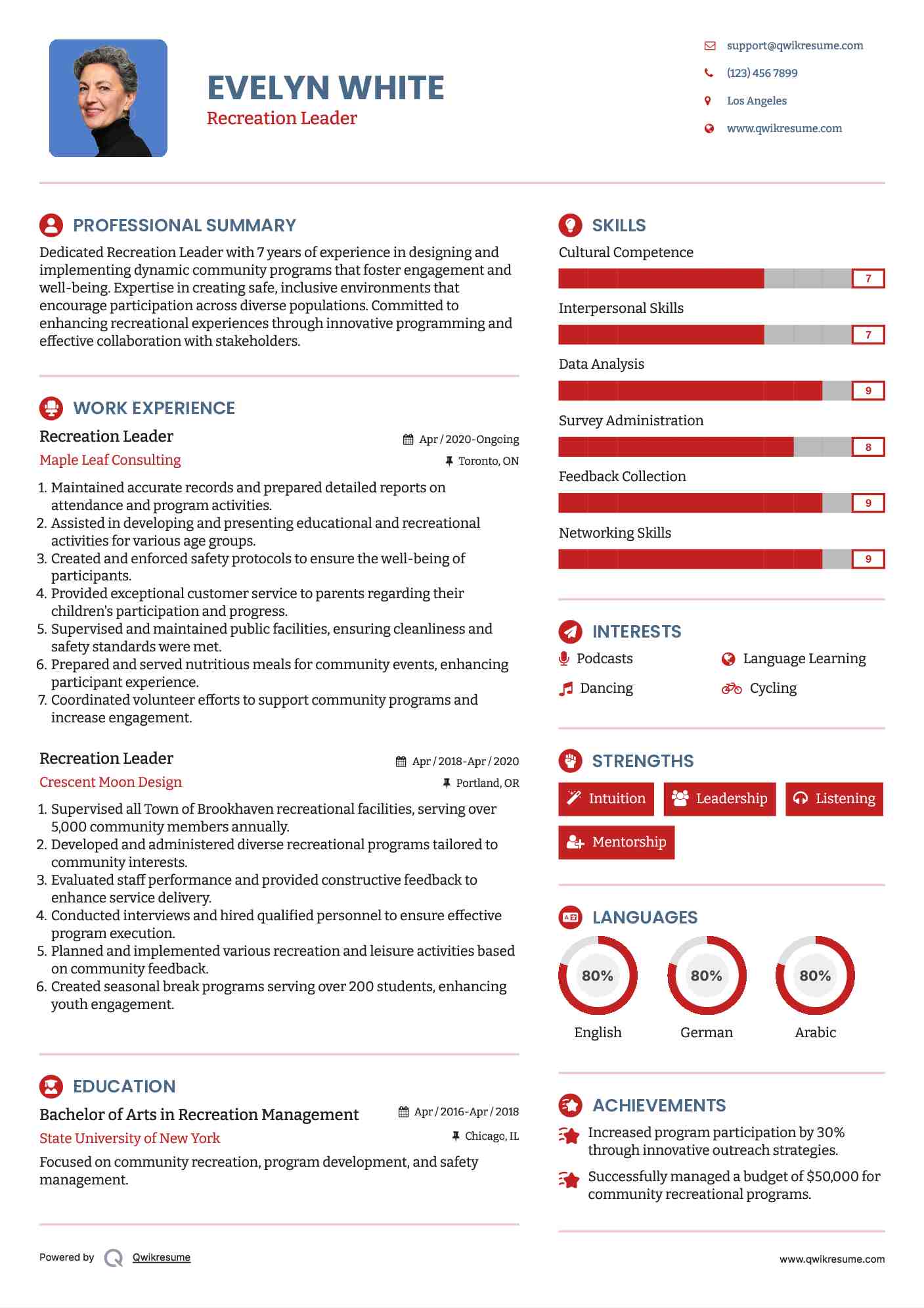 Recreation Leader Resume Sample