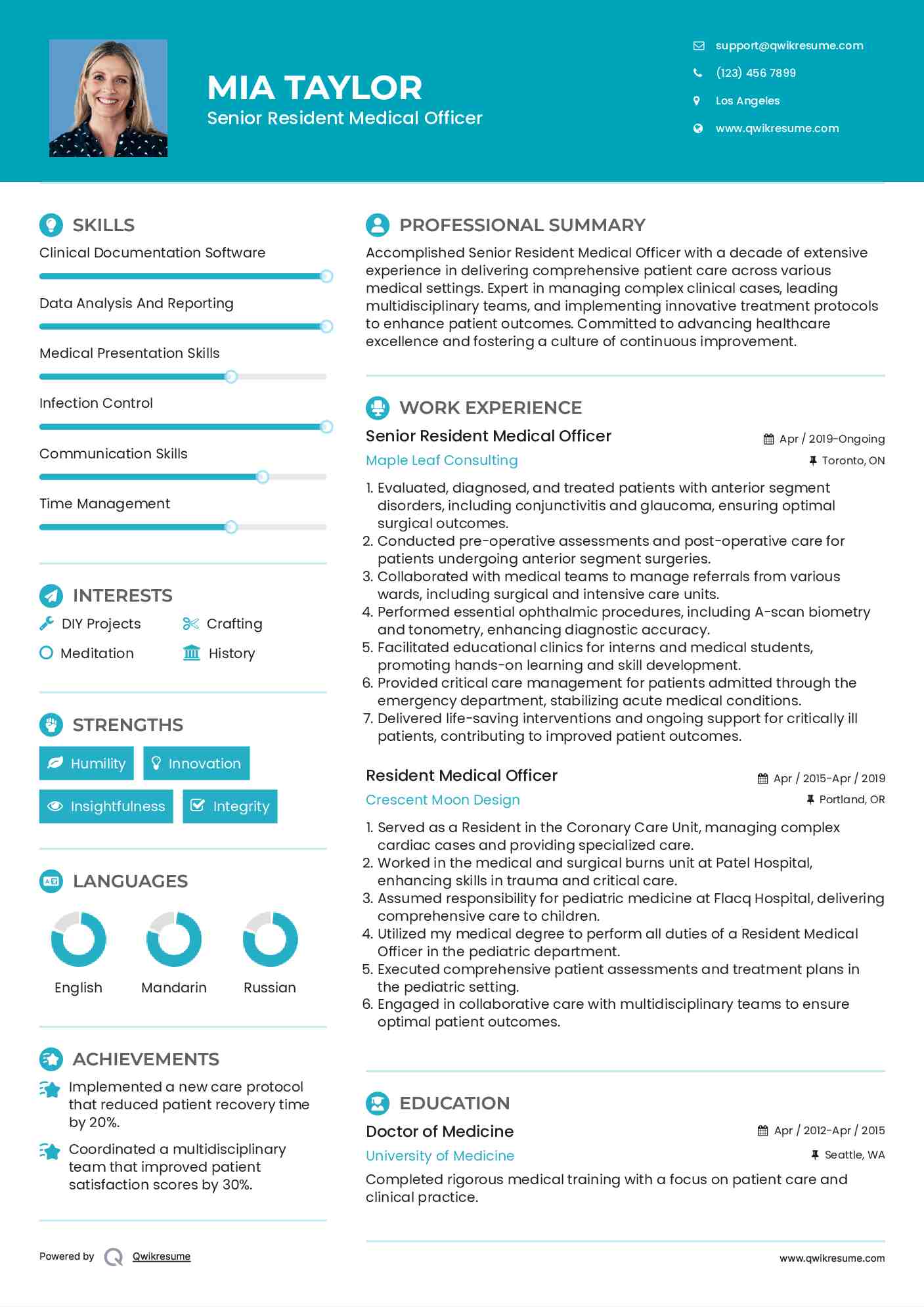 Senior Resident Medical Officer Resume Sample