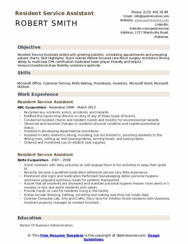 Resident Service Assistant Resume Samples QwikResume