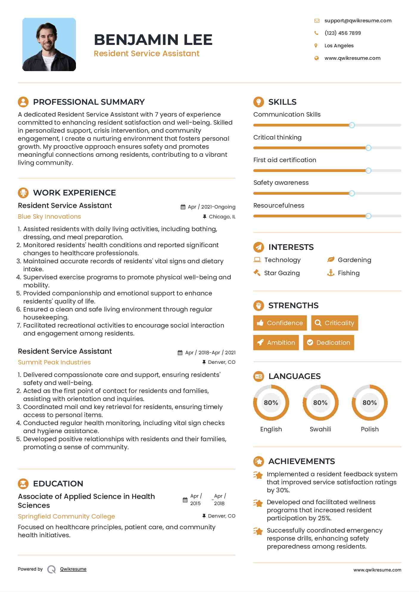 Resident Service Assistant Resume Sample