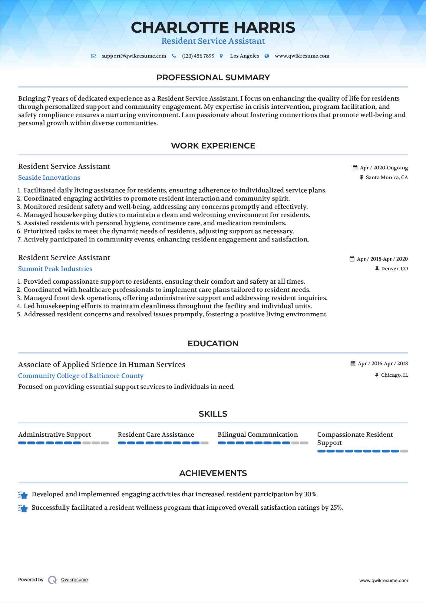 Resident Service Assistant Resume Format