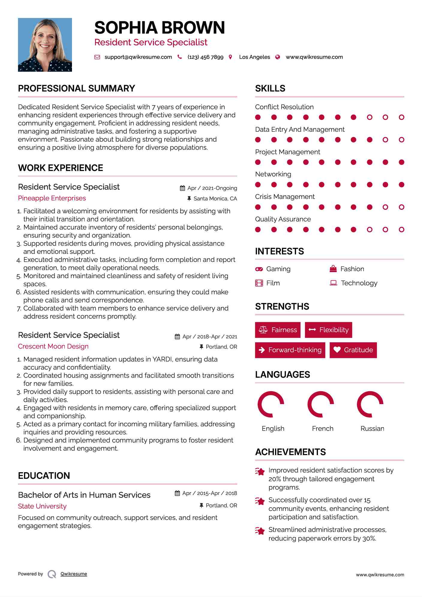 Resident Service Specialist Resume Template