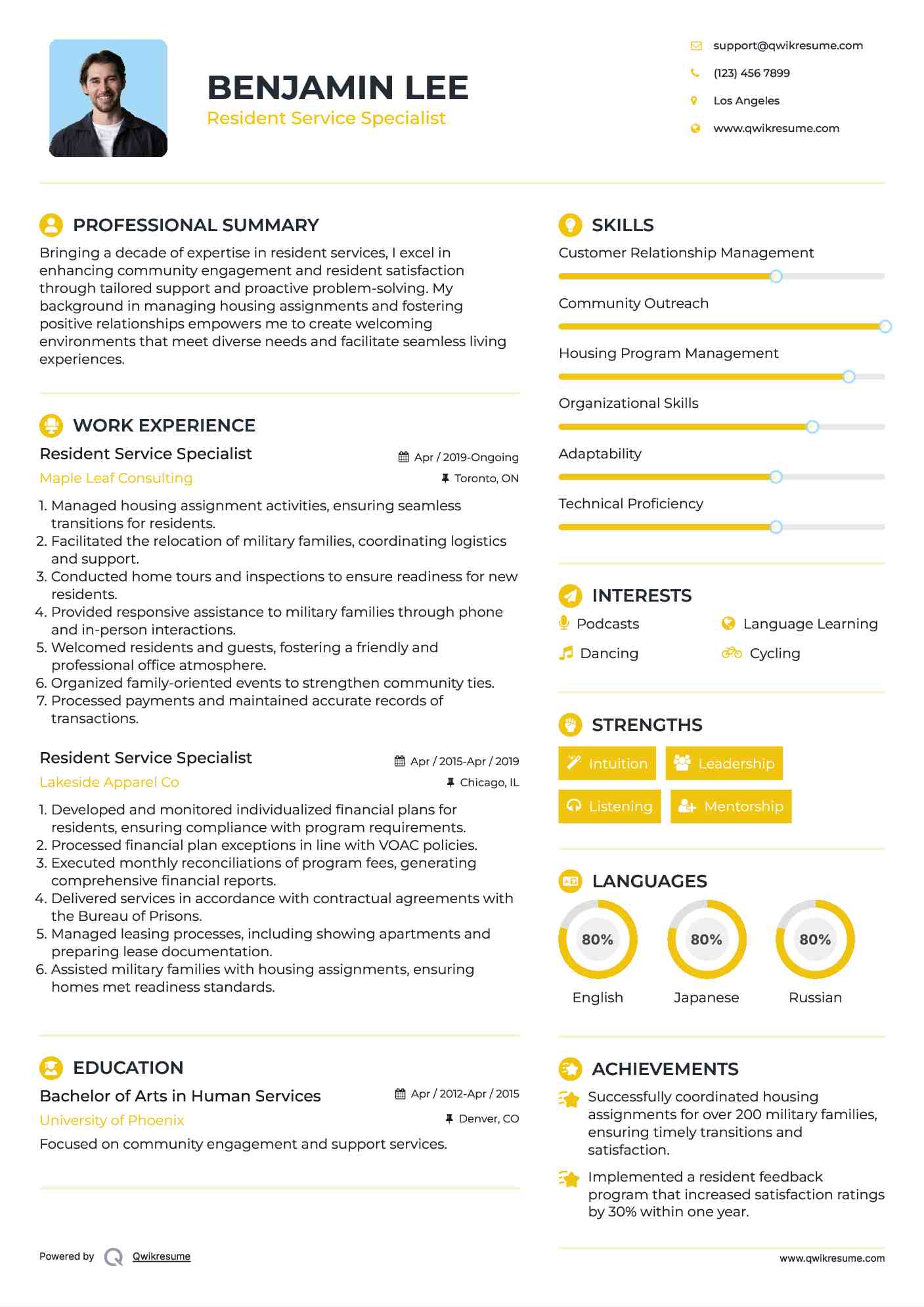 Resident Service Specialist Resume Model