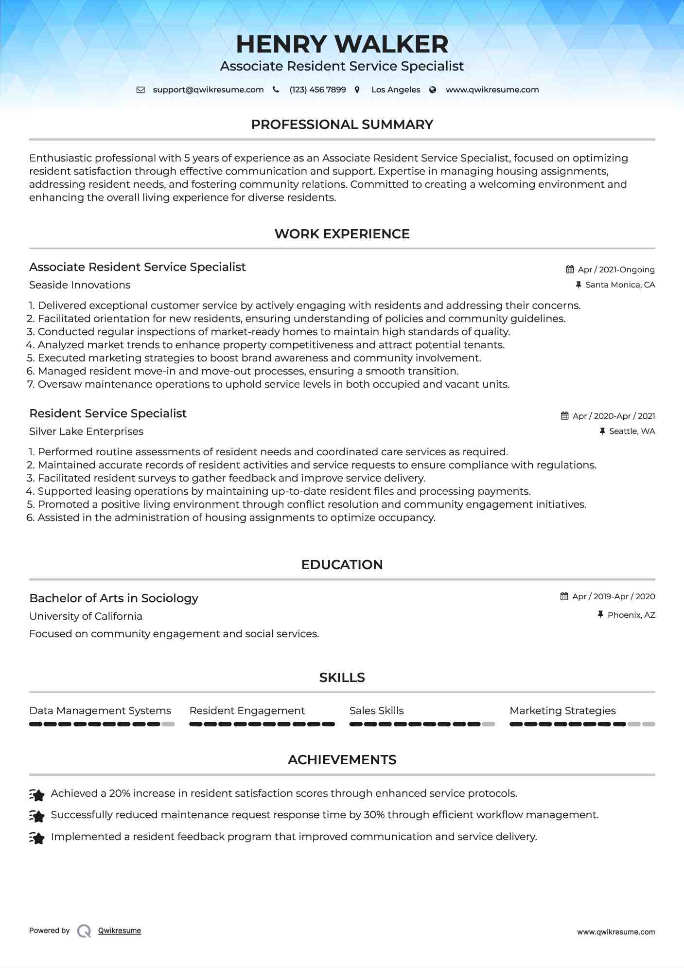 Associate Resident Service Specialist Resume Model