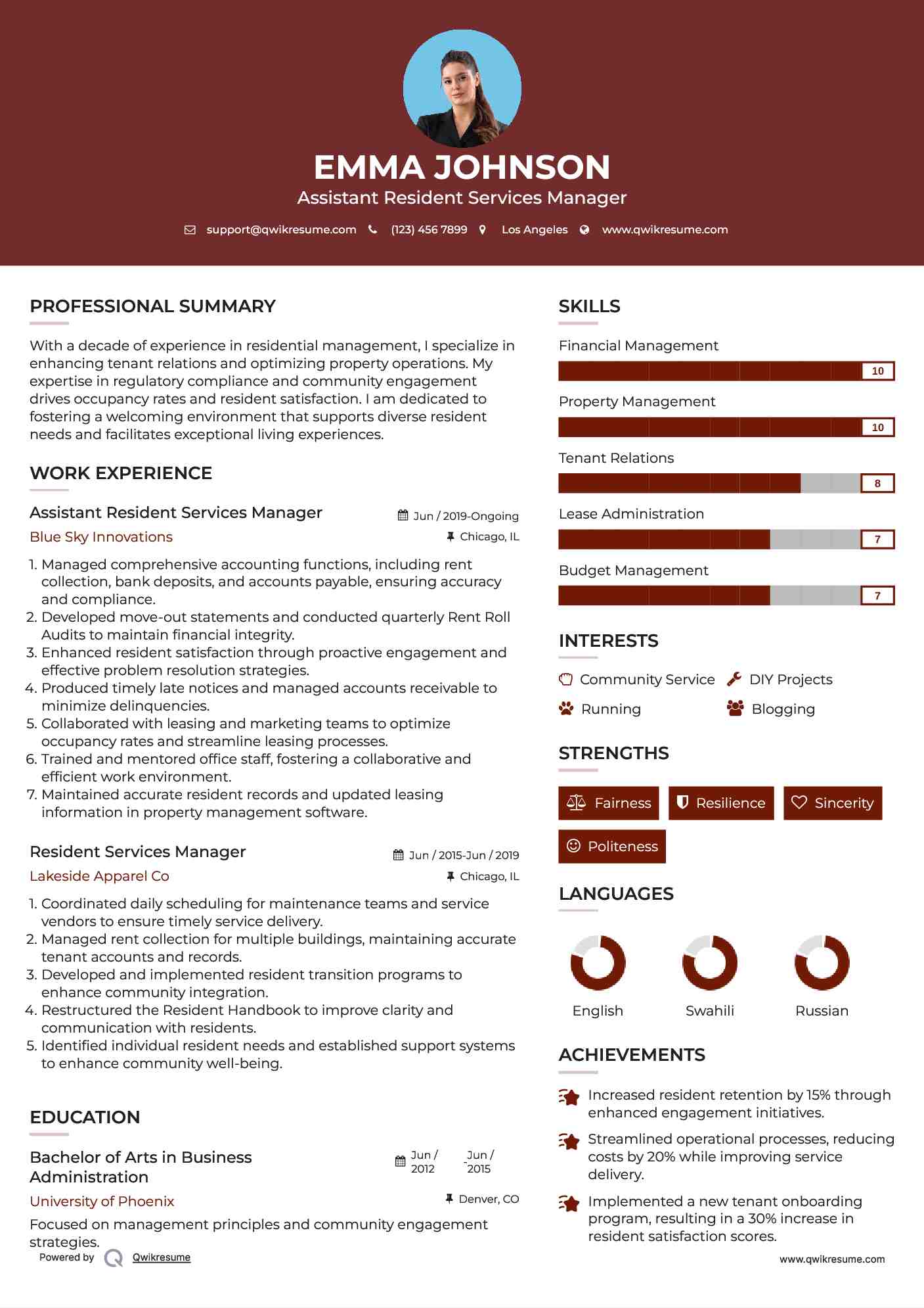 Assistant Resident Services Manager Resume Model