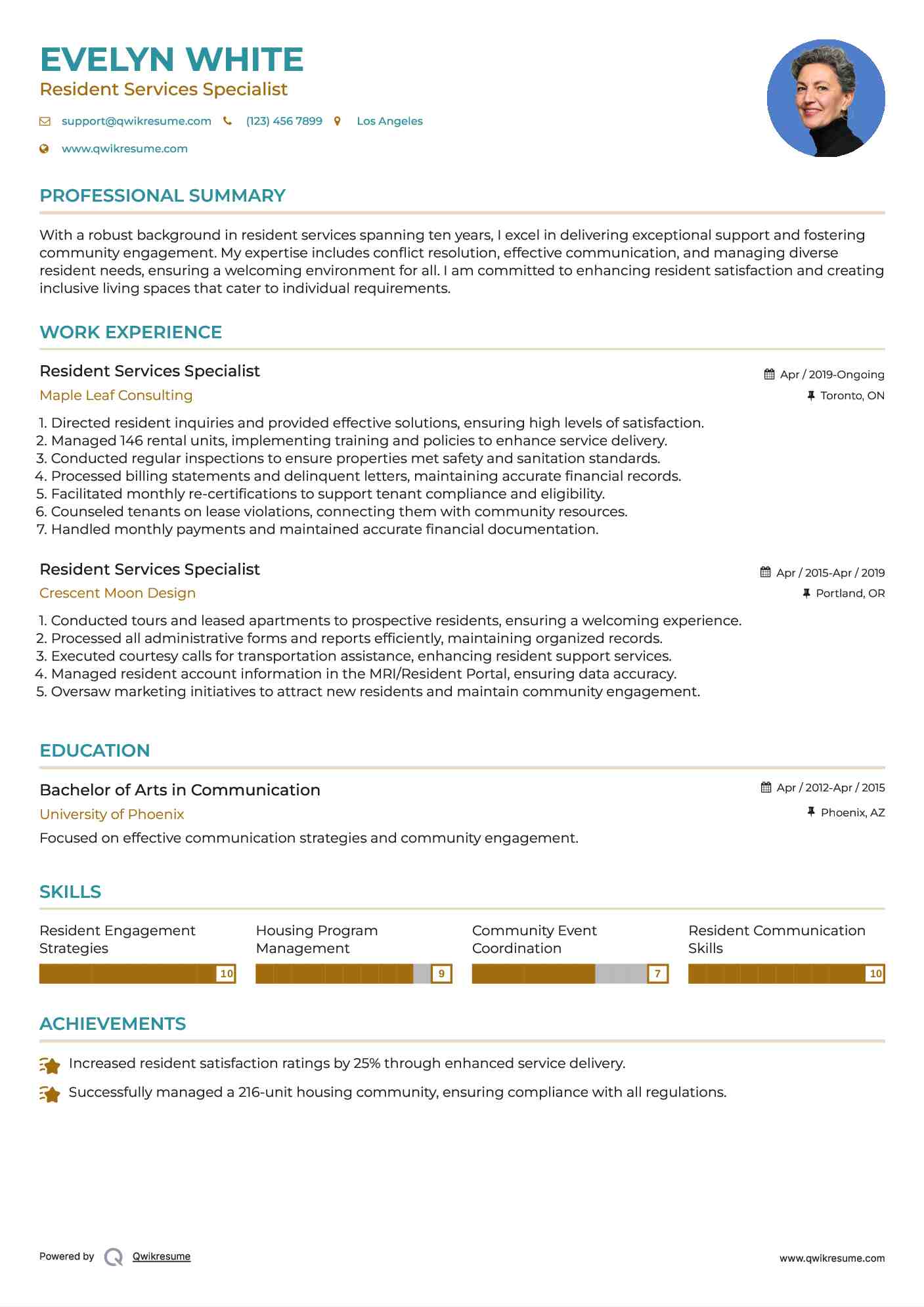 Resident Services Specialist Resume Model