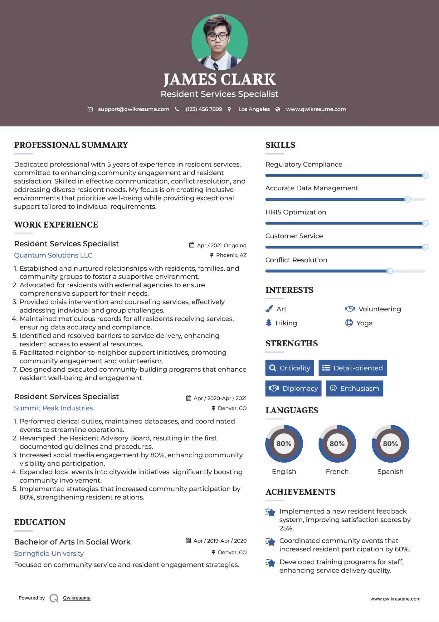 Resident Services Specialist Resume Example