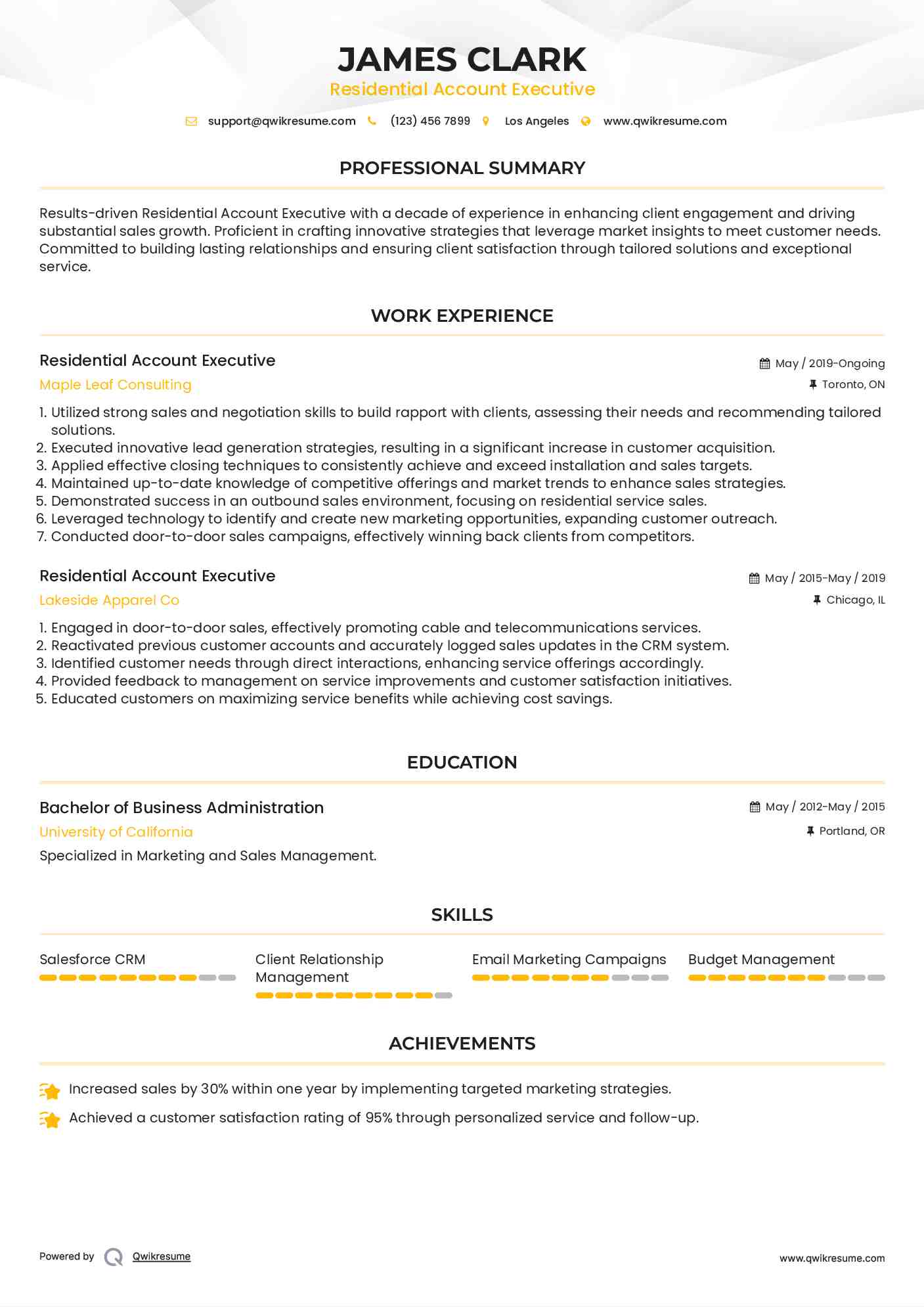 Residential Account Executive Resume Example
