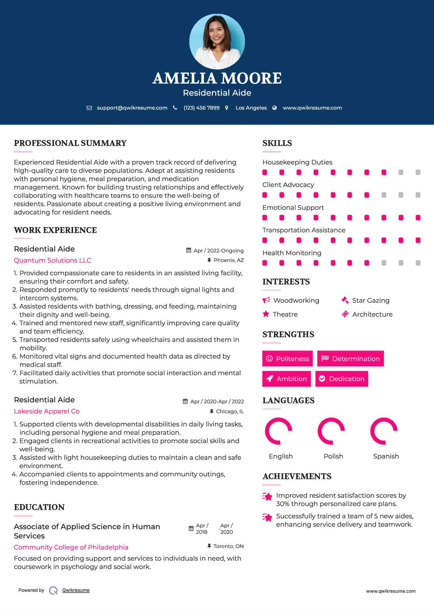 Residential Aide Resume Example