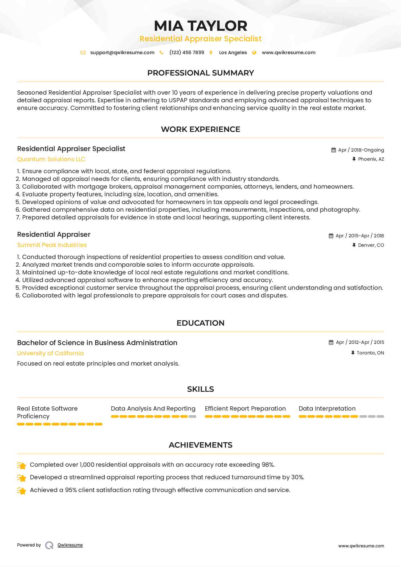 Residential Appraiser Specialist Resume Template