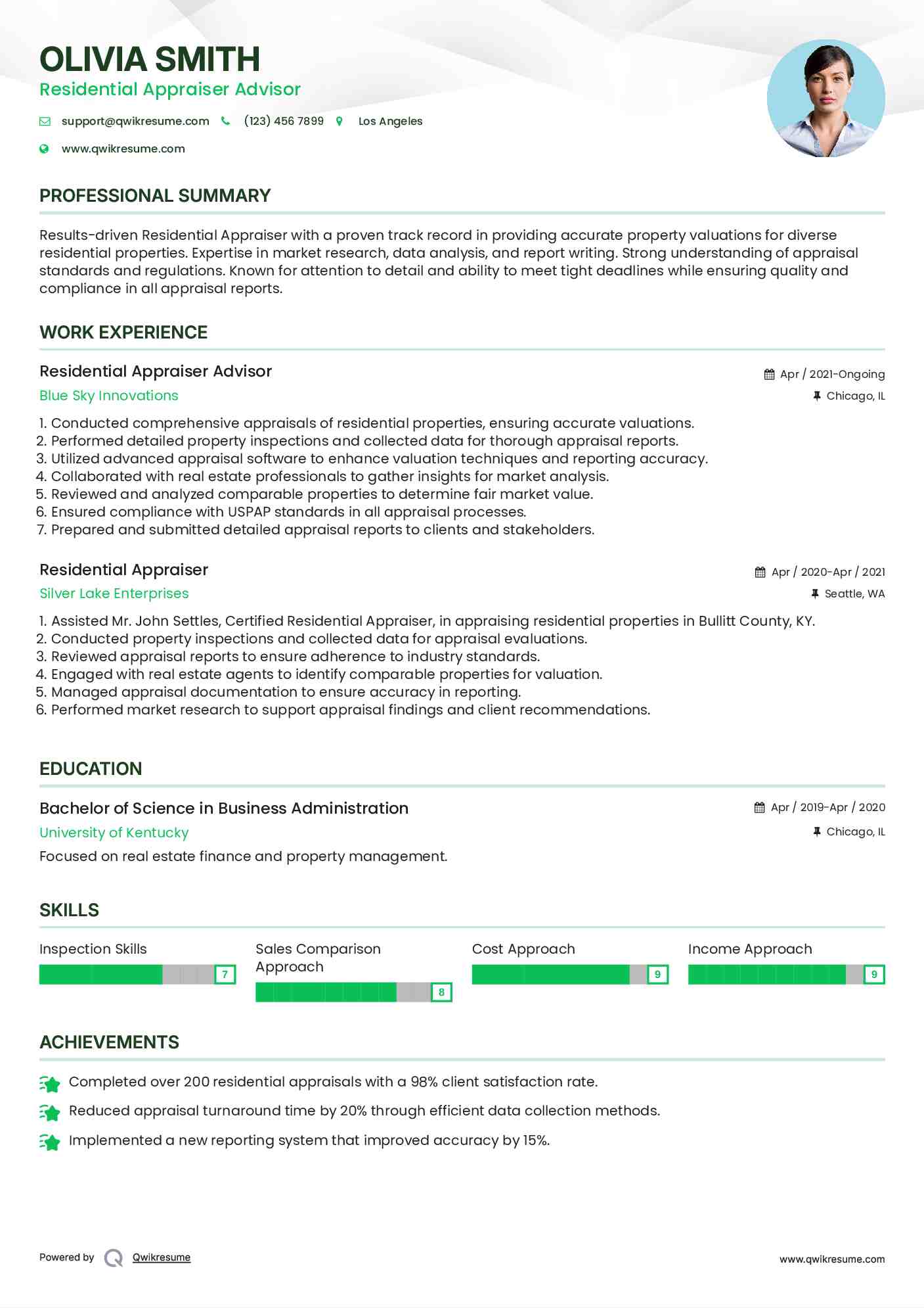 Residential Appraiser Advisor Resume Sample