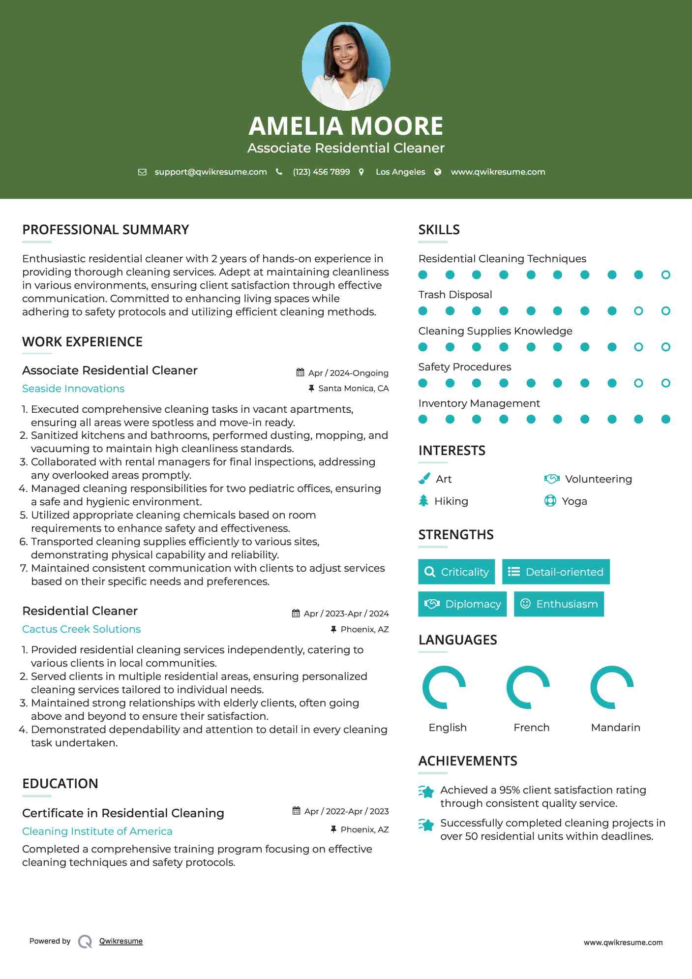 Associate Residential Cleaner  Resume Format