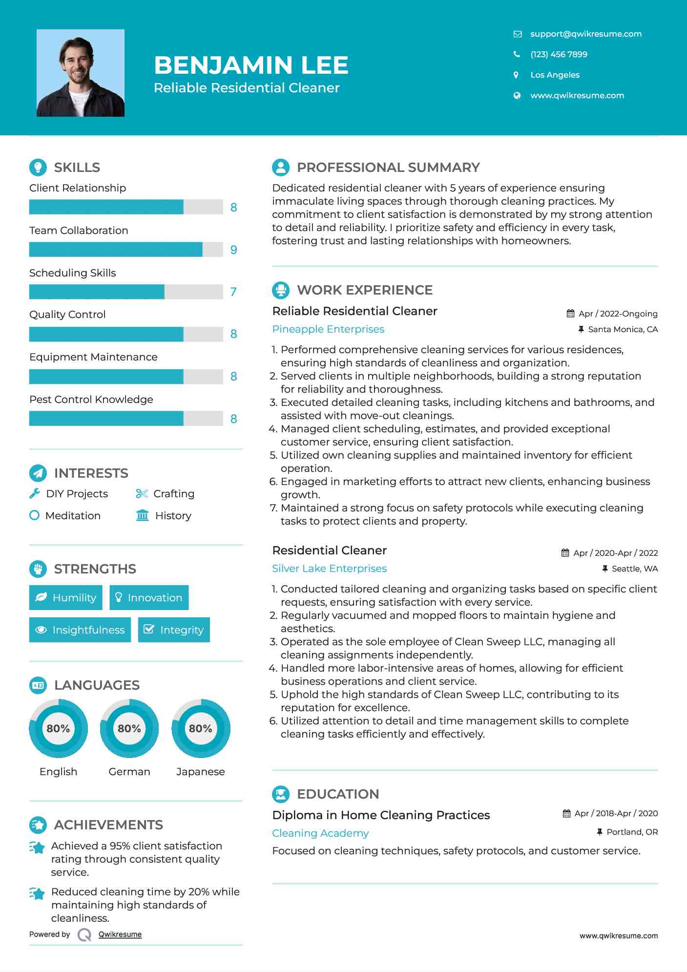 Reliable Residential Cleaner Resume Template