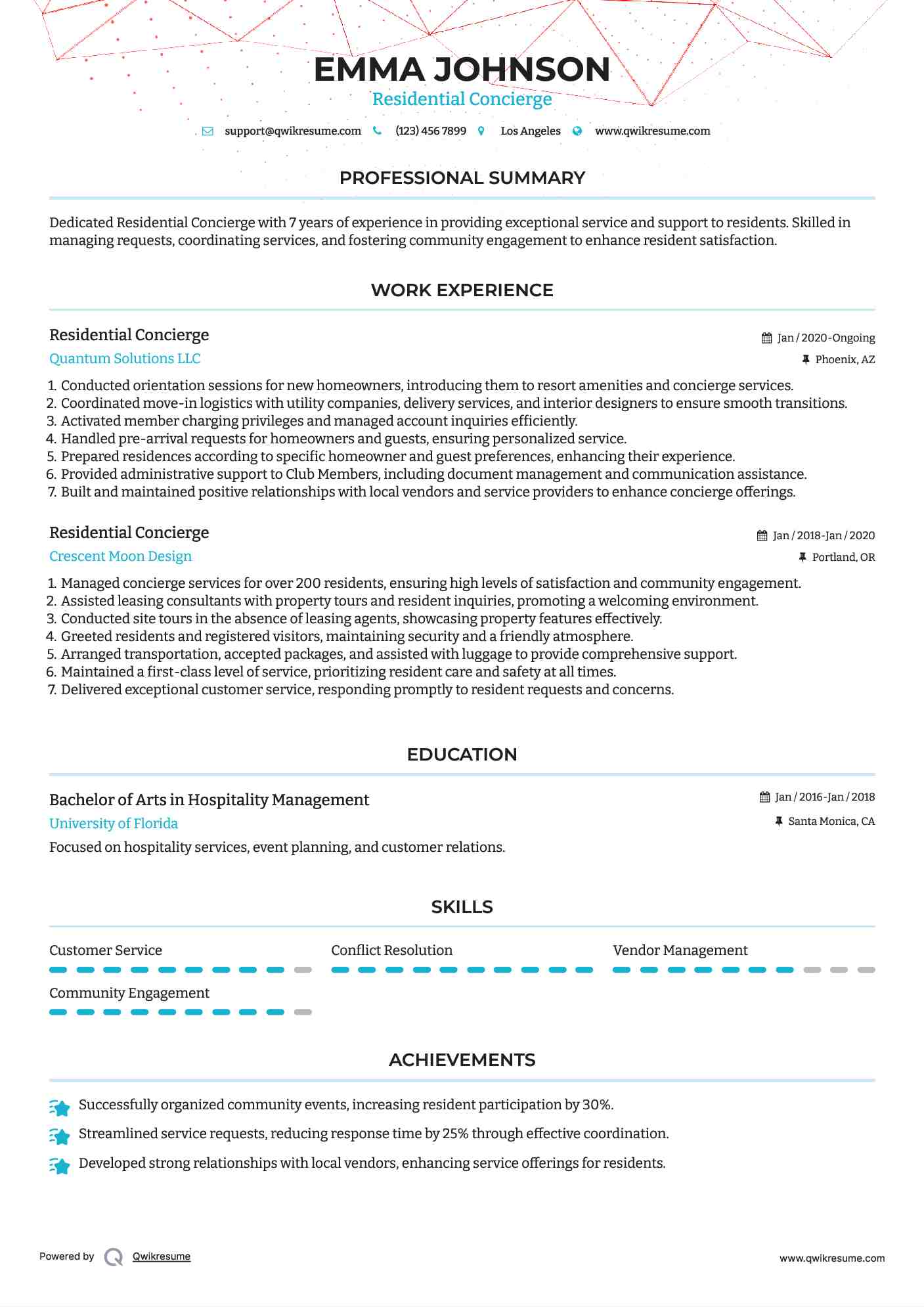 Residential Concierge Resume Samples QwikResume