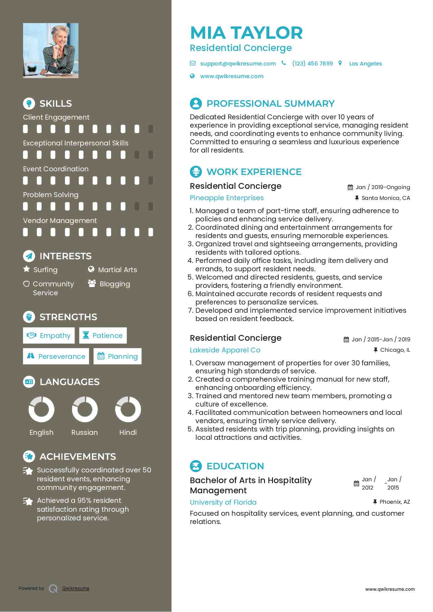 Residential Concierge Resume Samples QwikResume