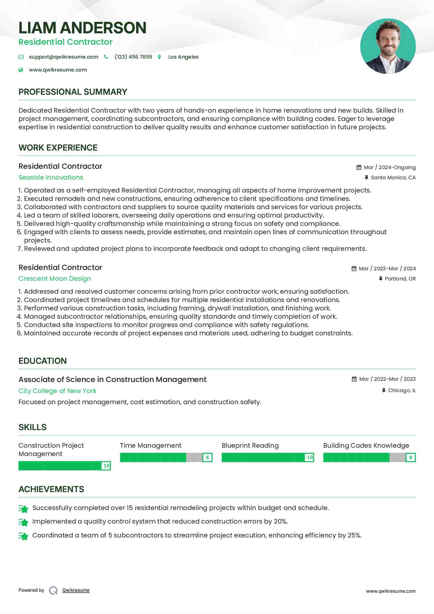 Residential Contractor Resume Format