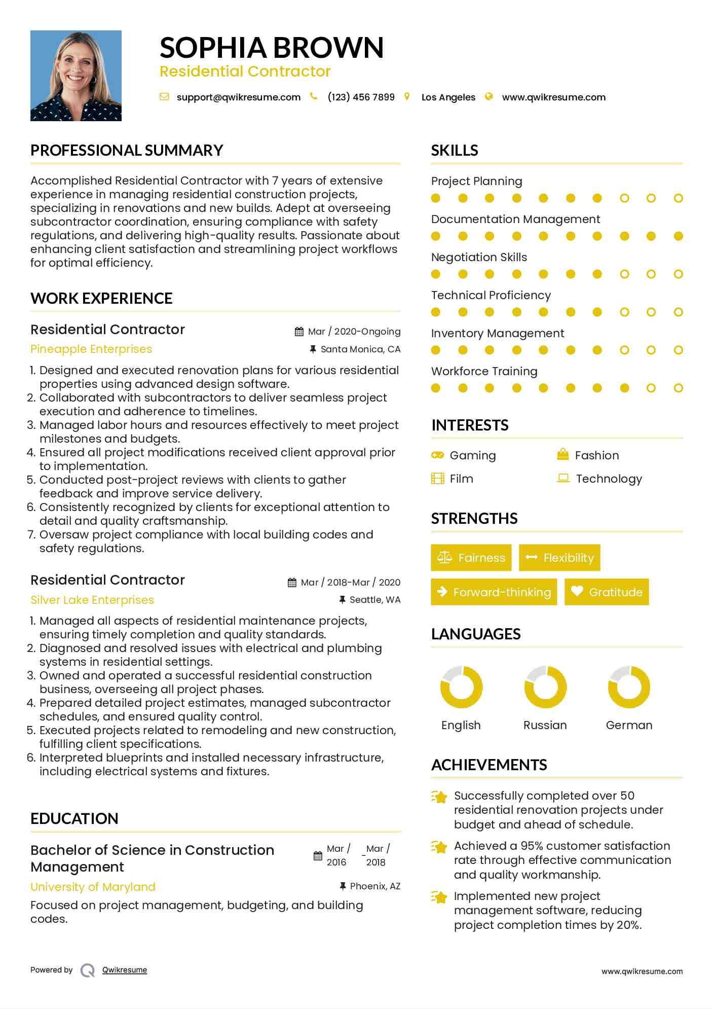 Residential Contractor Resume Format