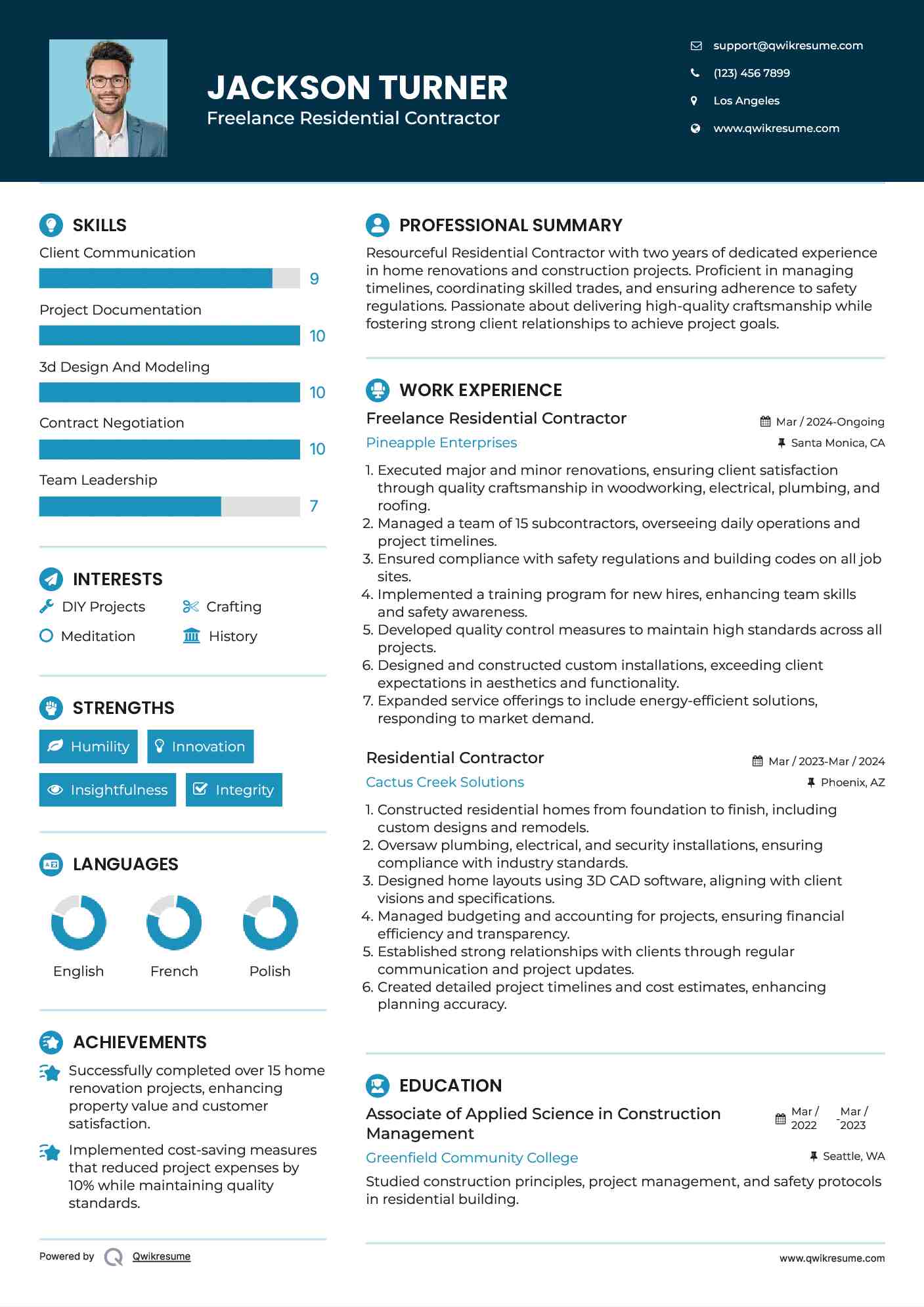 Freelance Residential Contractor Resume Example
