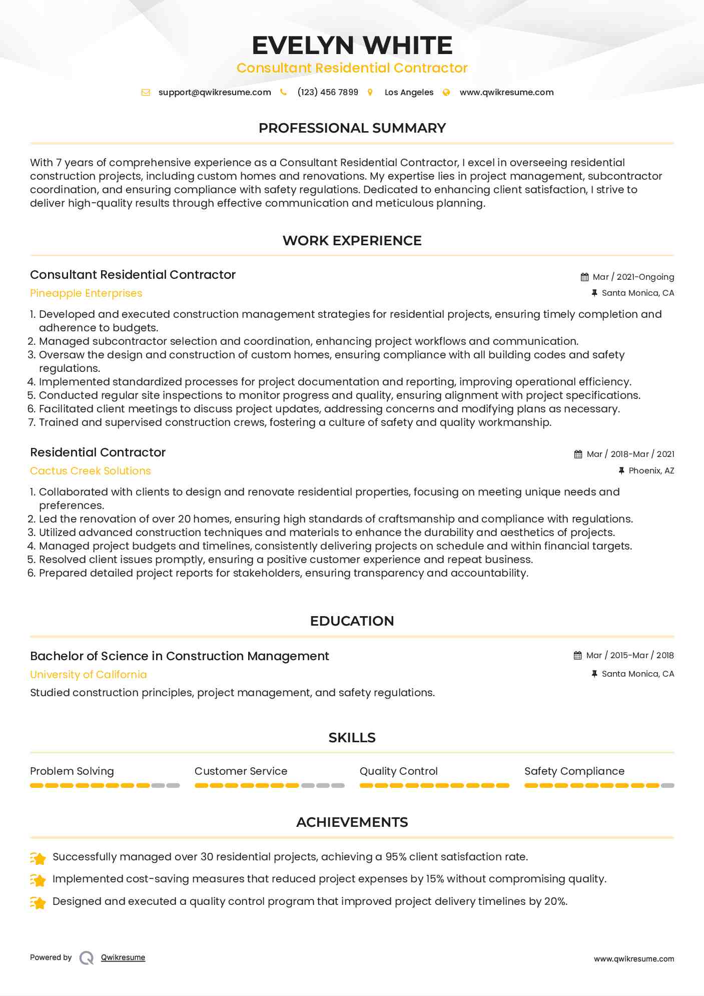Consultant Residential Contractor Resume Template