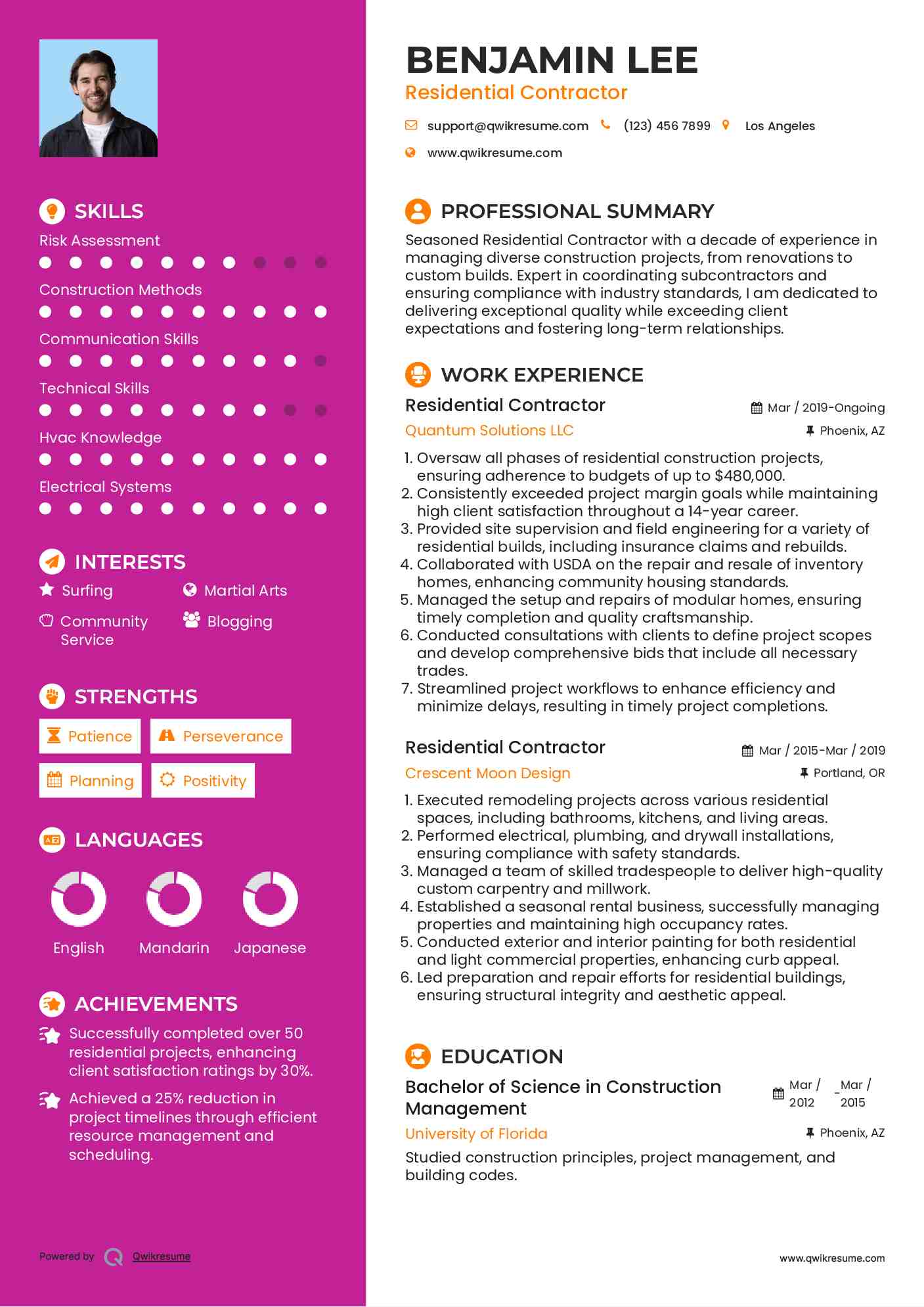 Residential Contractor Resume Sample