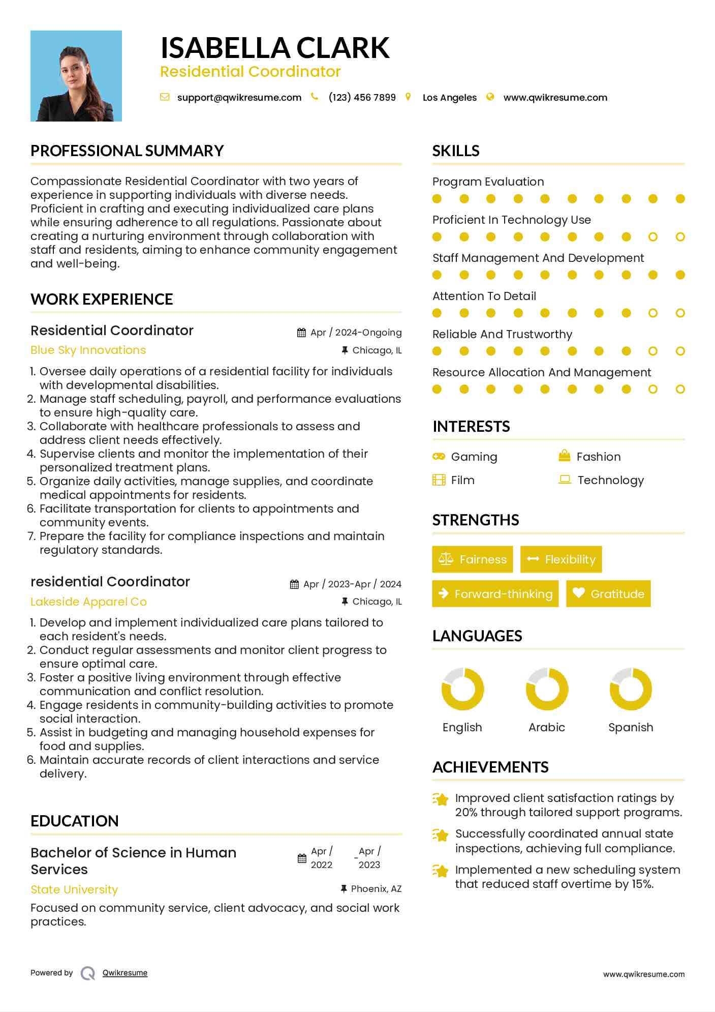 Residential Coordinator Resume Example