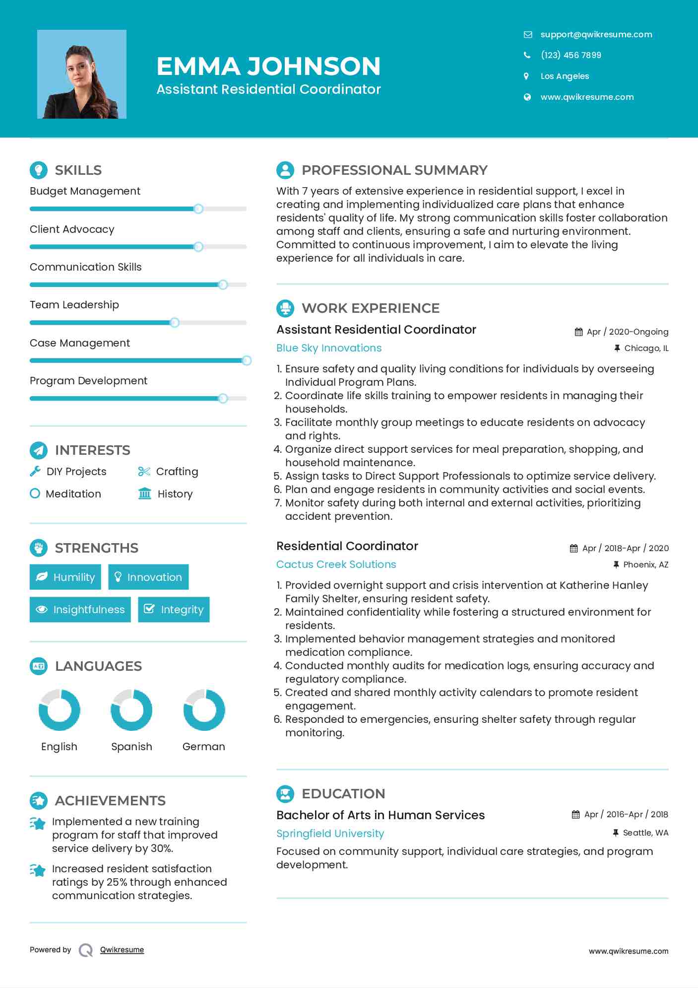 Assistant Residential Coordinator Resume Sample