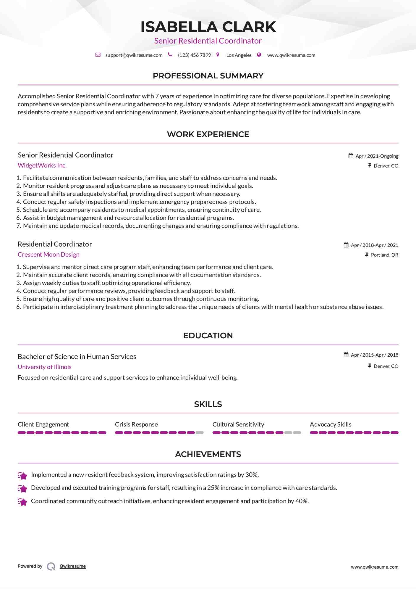 Senior Residential Coordinator Resume Format